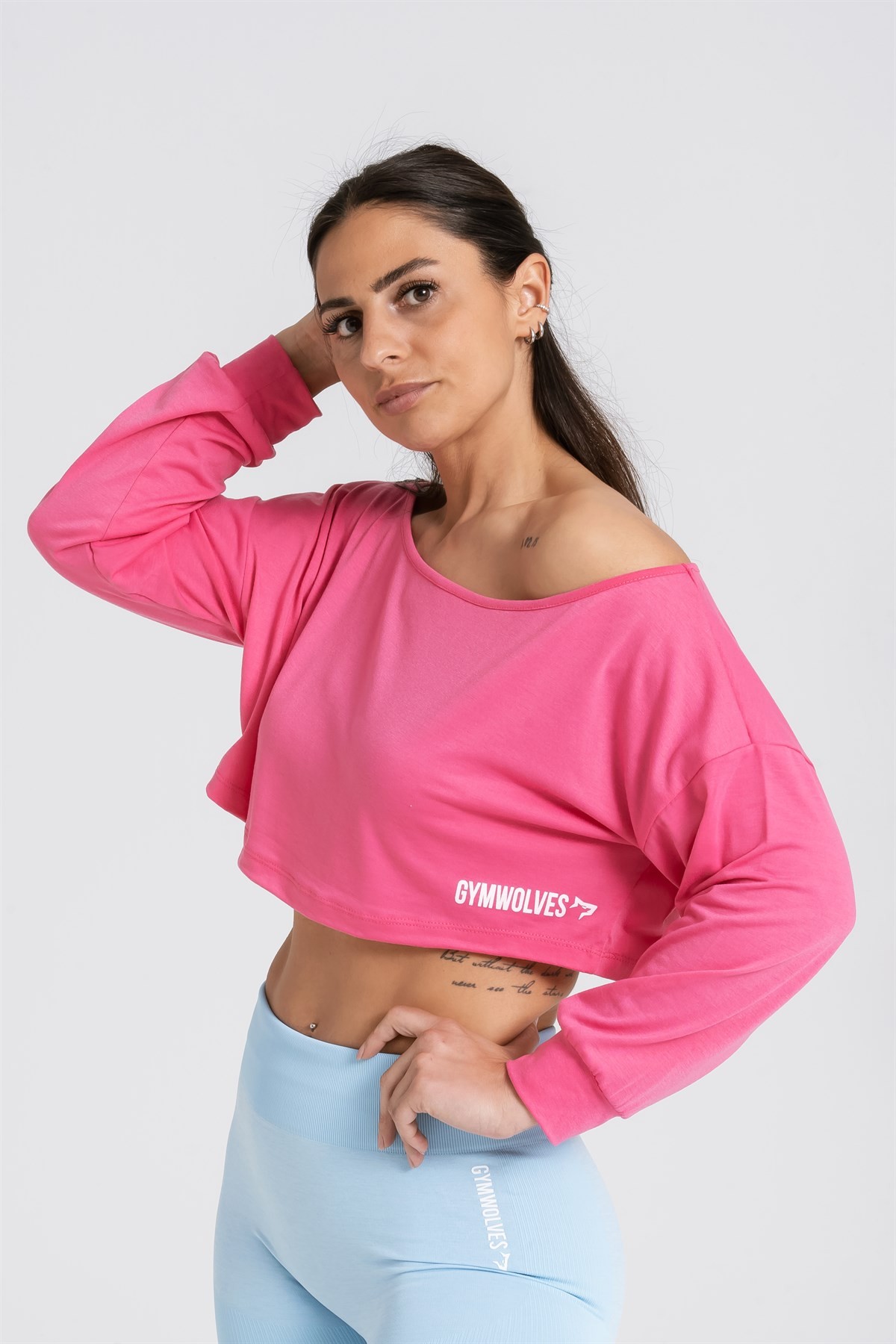 Gymwolves Kayık Yaka Uzun Kollu Crop T-Shirt | Fuşya | Cotton Serisi |