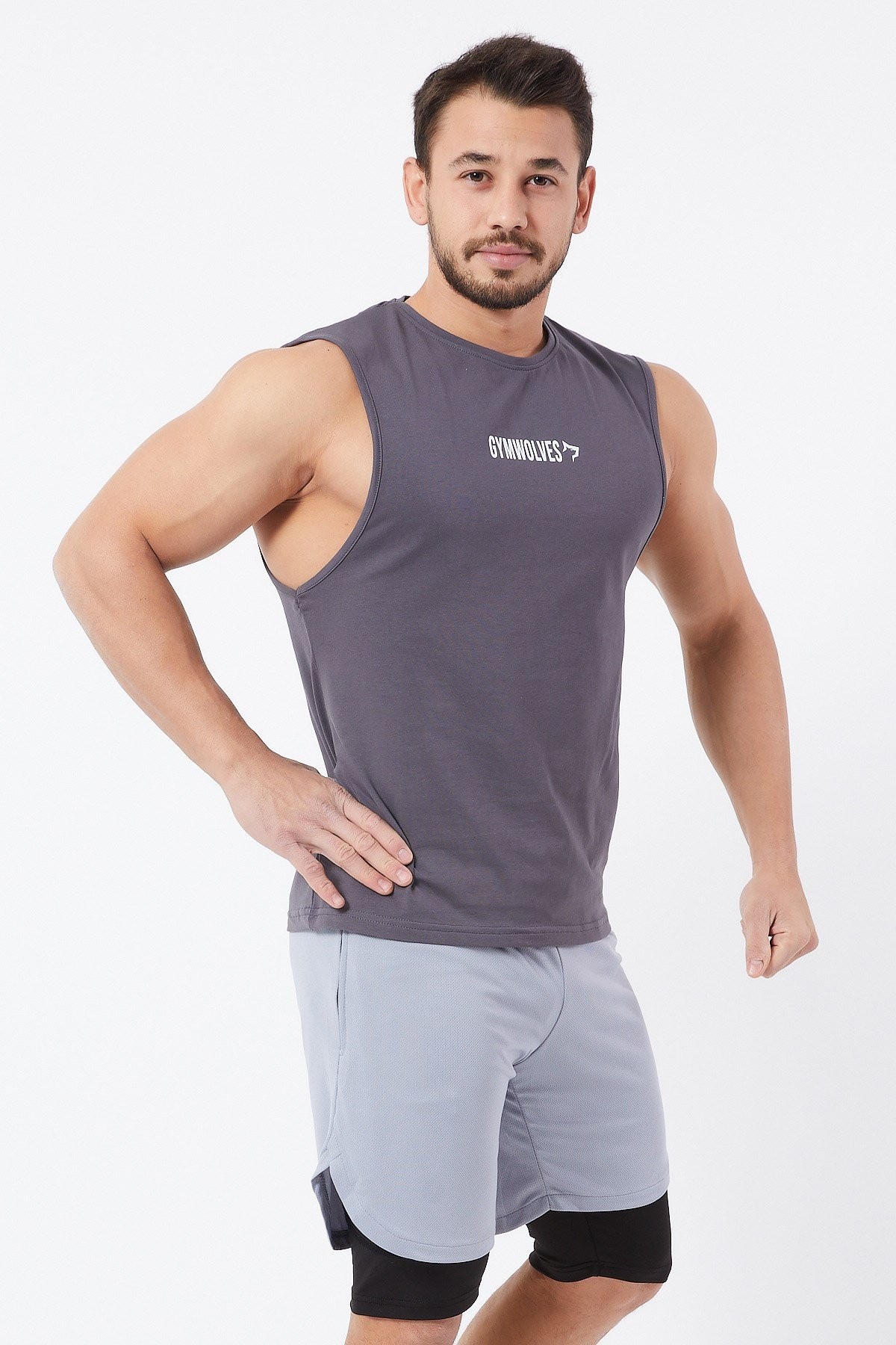 Gymwolves Erkek Kolsuz T-Shirt | Erkek Spor T-shirt | Füme | Workout Tanktop |