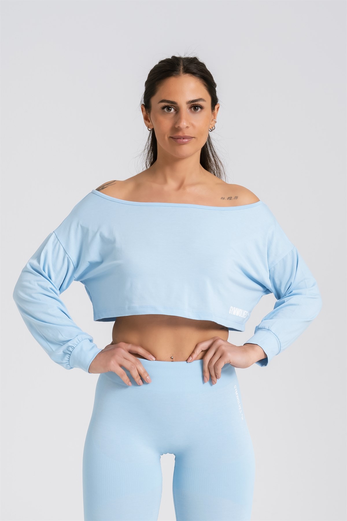 Gymwolves Kayık Yaka Uzun Kollu Crop T-Shirt | Light Blue | Cotton Serisi |