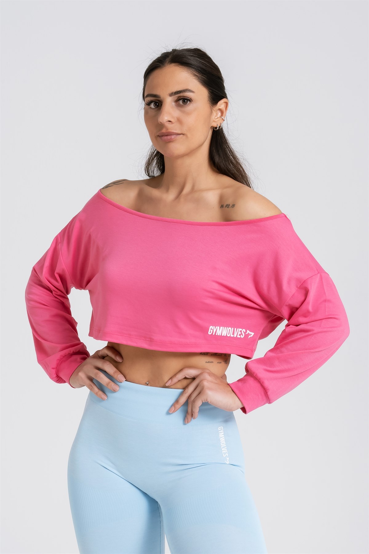 Gymwolves Kayık Yaka Uzun Kollu Crop T-Shirt | Fuşya | Cotton Serisi |