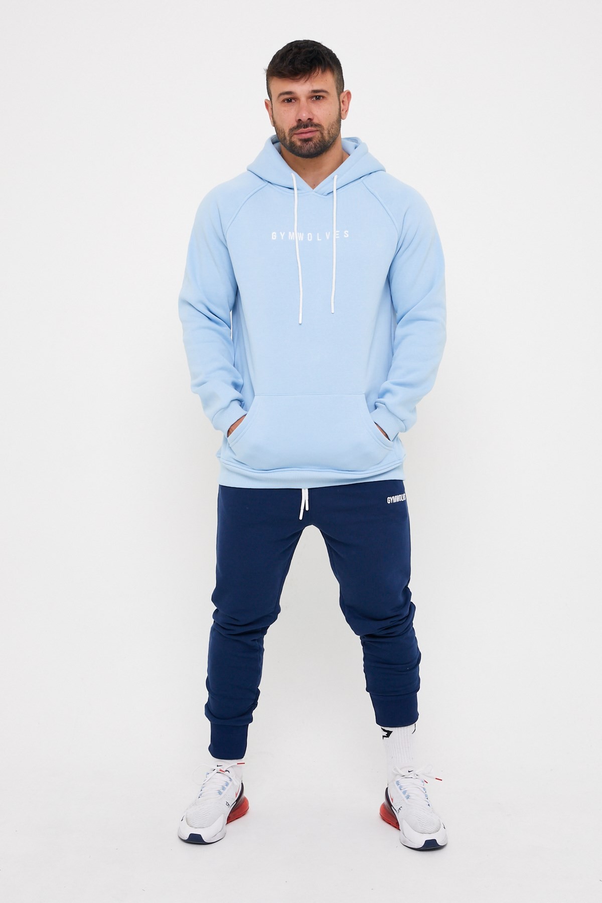 Gymwolves Erkek Kapüşonlu Sweatshirt | Light Blue | Hoodies |