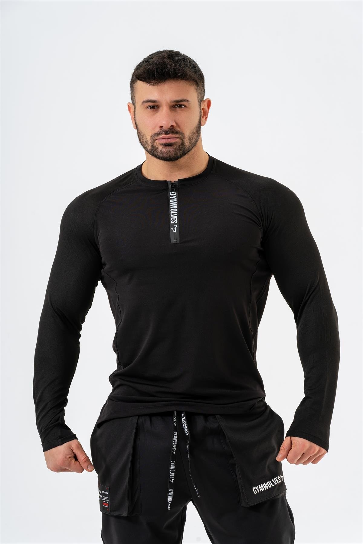 Gymwolves Erkek Spor Body | Siyah | Uzun Kollu Spor T-Shirt  | AirPro Serisi |