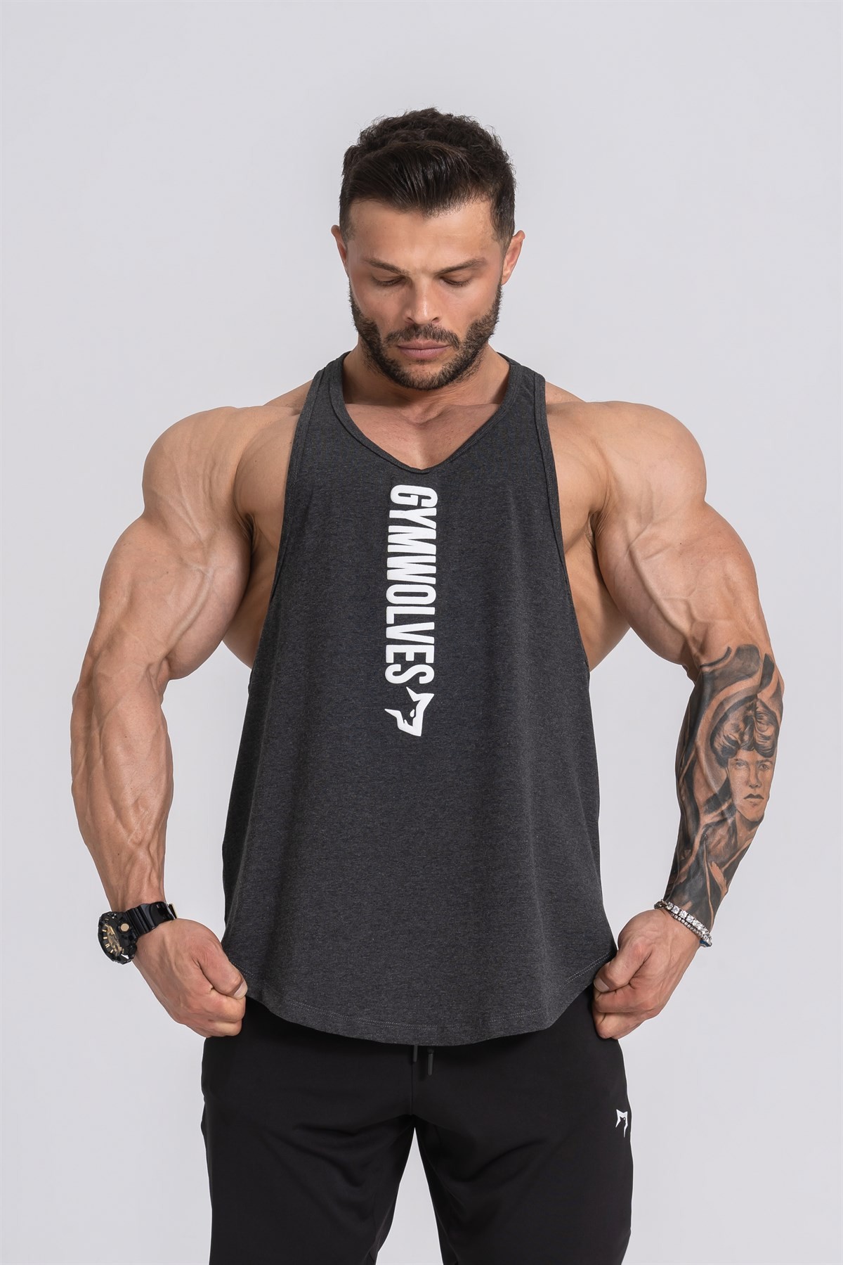 Gymwolves Spor Atleti | Stringer | Workout Tanktop | Siyah Melanj | Comfortable Serisi