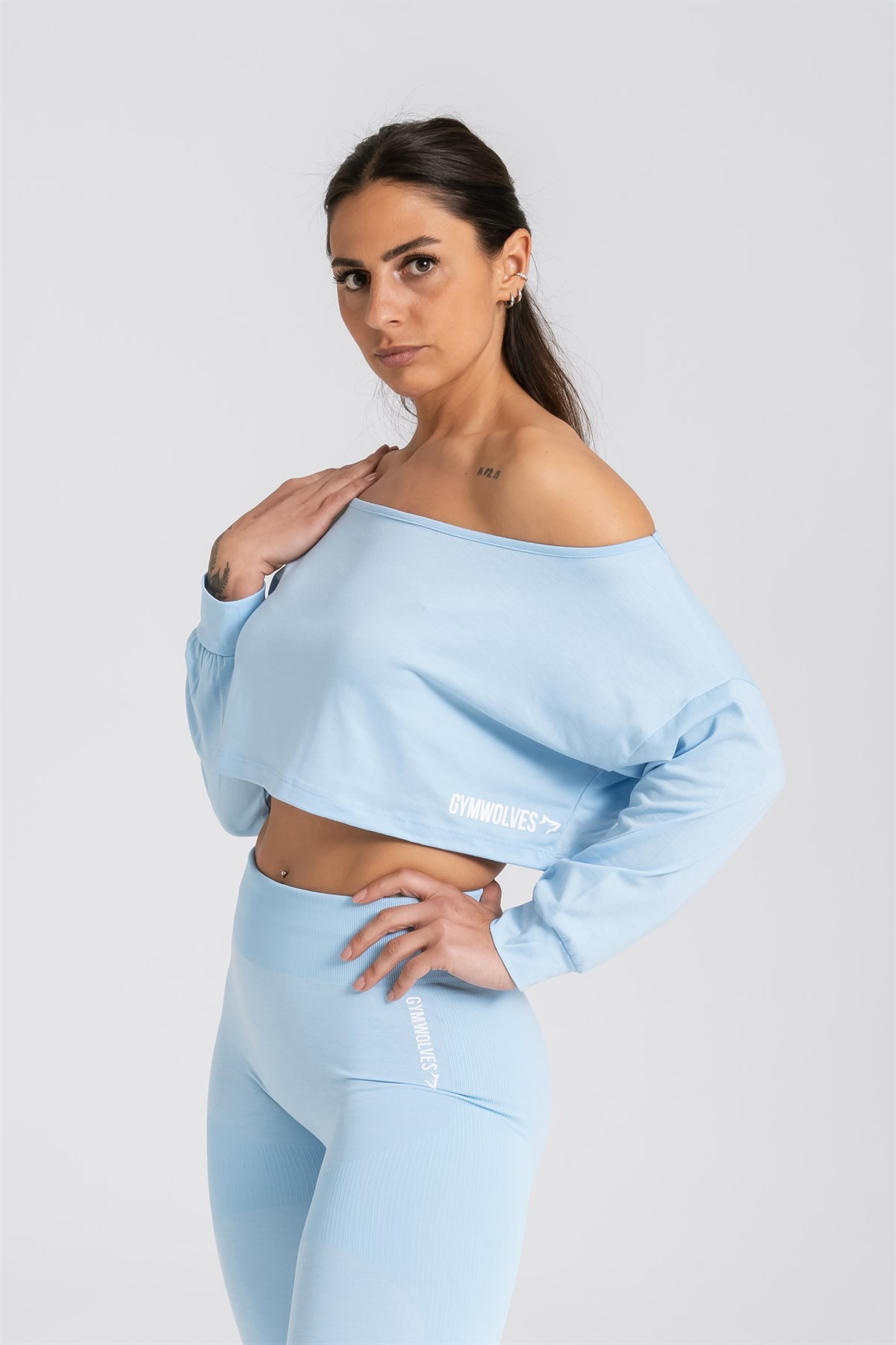 Gymwolves Kayık Yaka Uzun Kollu Crop T-Shirt | Light Blue | Cotton Serisi |