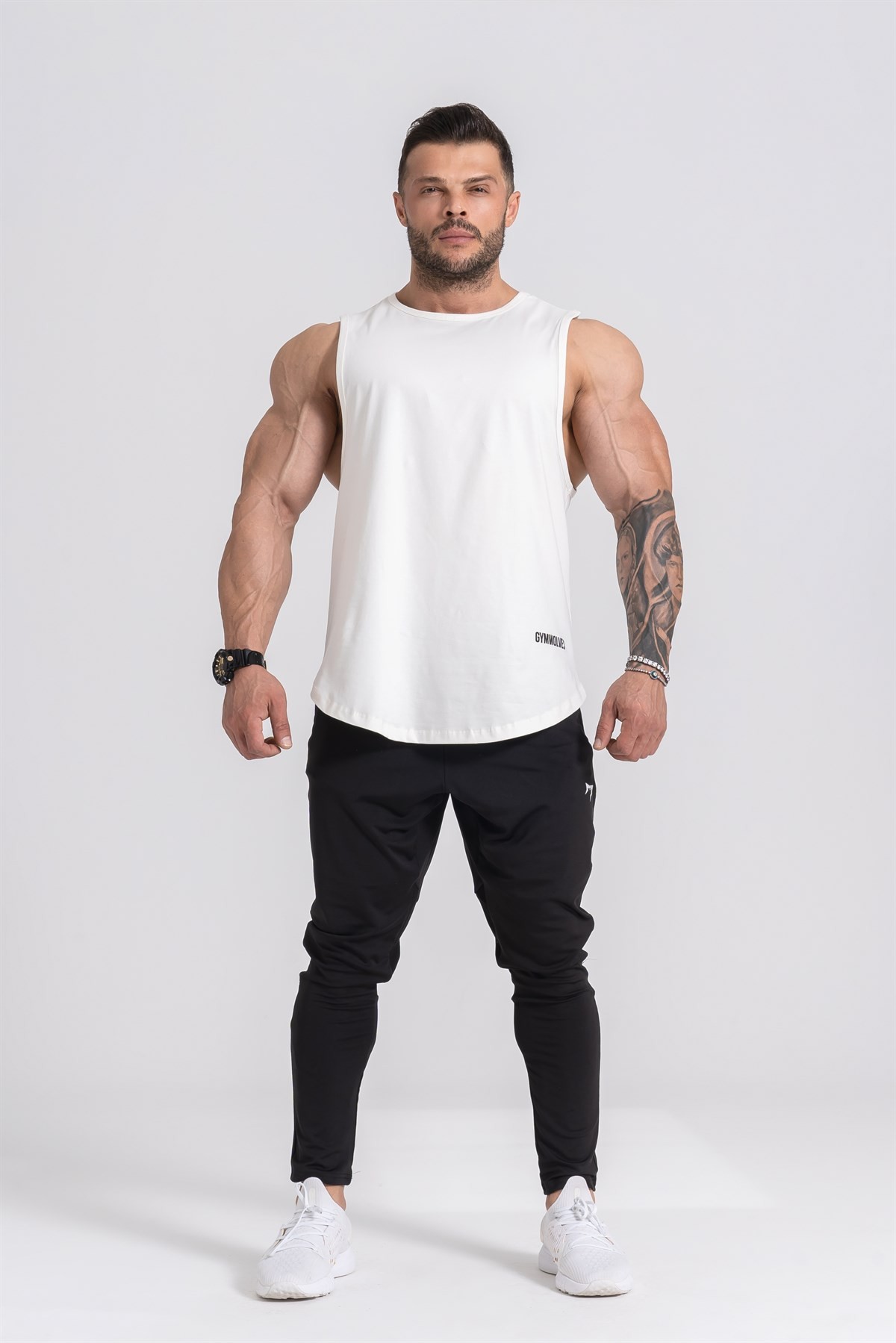 Gymwolves Erkek Kolsuz T-Shirt | Erkek Spor T-shirt | Workout Tanktop | Krem | Never Give Up |
