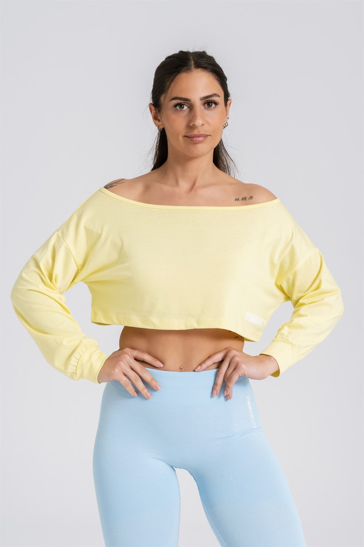 Gymwolves Kayık Yaka Uzun Kollu Crop T-Shirt | Sarı | Cotton Serisi |