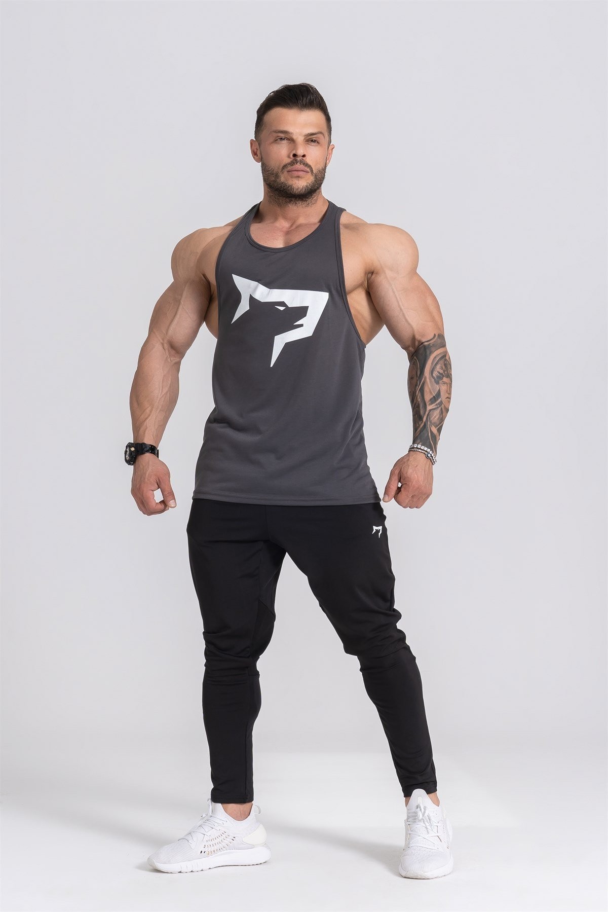 Gymwolves Erkek Spor Atleti | Stringer | Workout Tanktop | Füme | Wolf Serisi