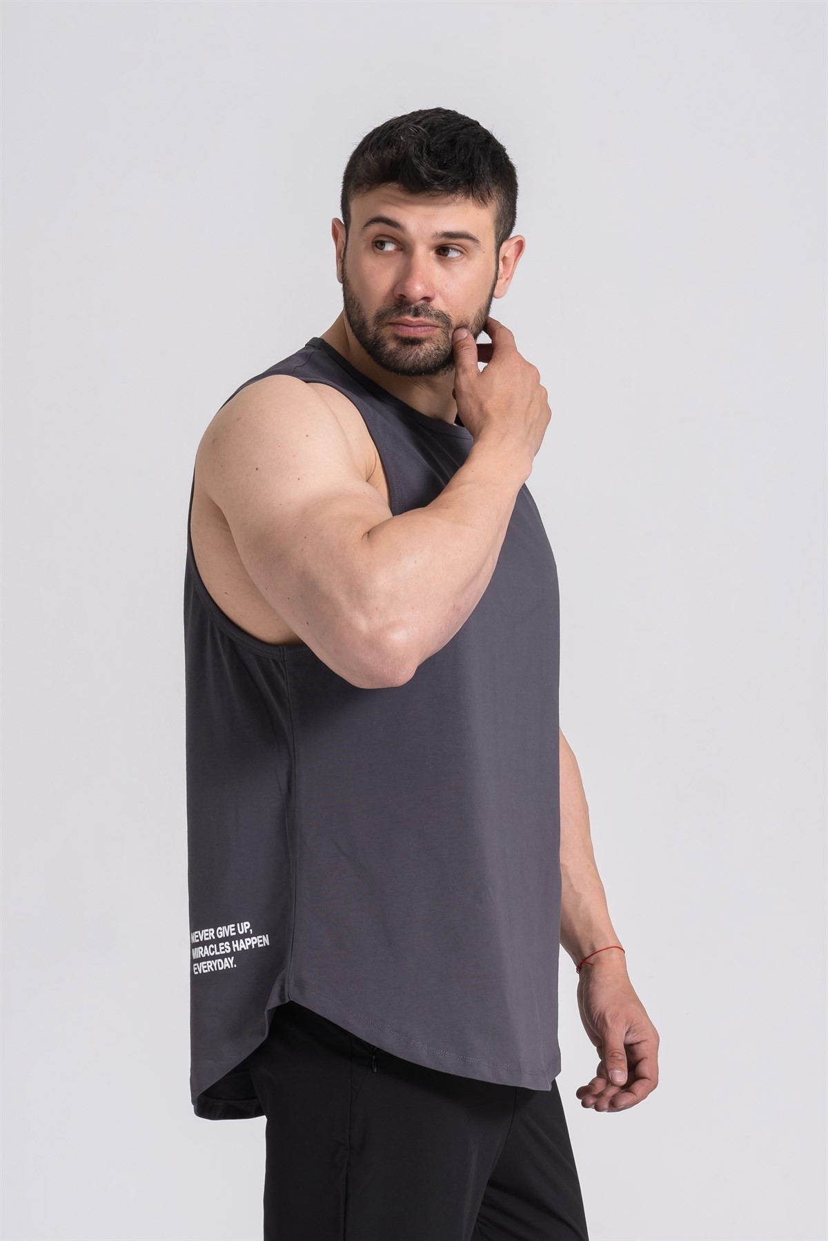 Gymwolves Erkek Kolsuz T-Shirt | Erkek Spor T-shirt | Workout Tanktop | Füme | Never Give Up |