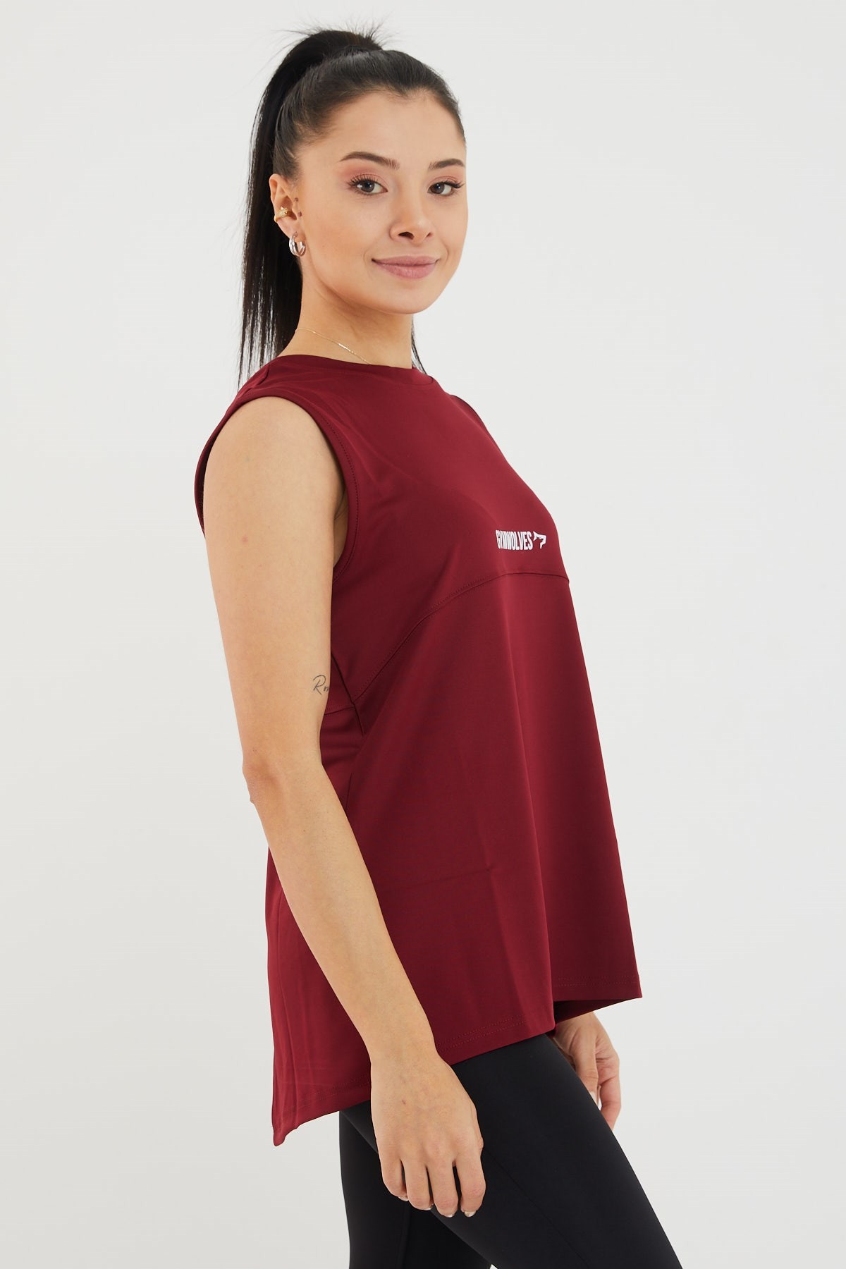 Gymwolves Kadın Spor T-Shirt / Bordo | Çift Taraf Giyilebilir Yırtmaçlı