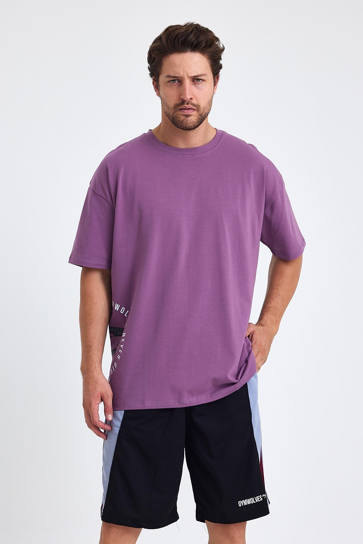 Gymwolves Erkek Over Size Spor T-Shirt | Kurt  Baskılı | Workout T-Shirt | Tişört | Mor |