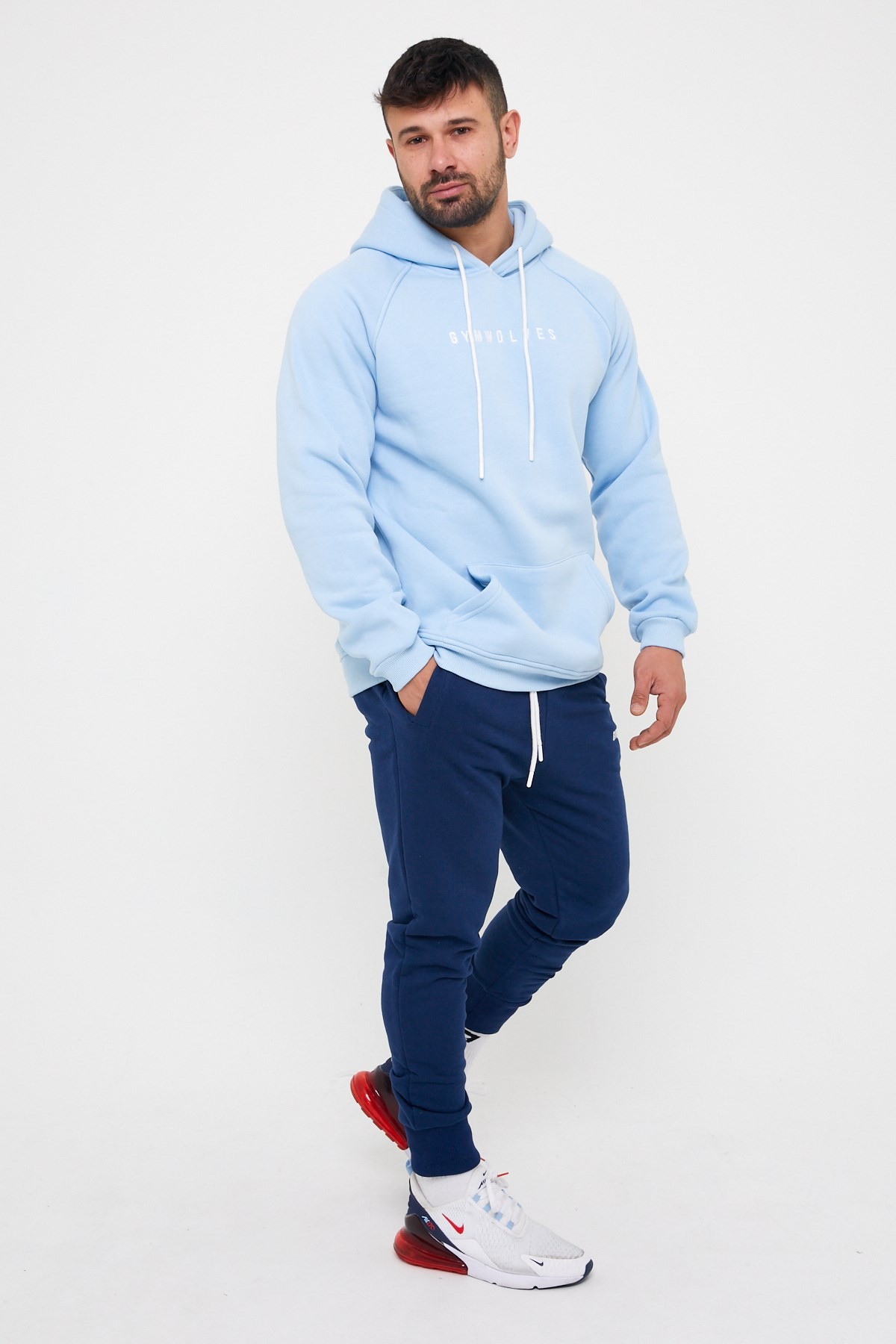 Gymwolves Erkek Kapüşonlu Sweatshirt | Light Blue | Hoodies |