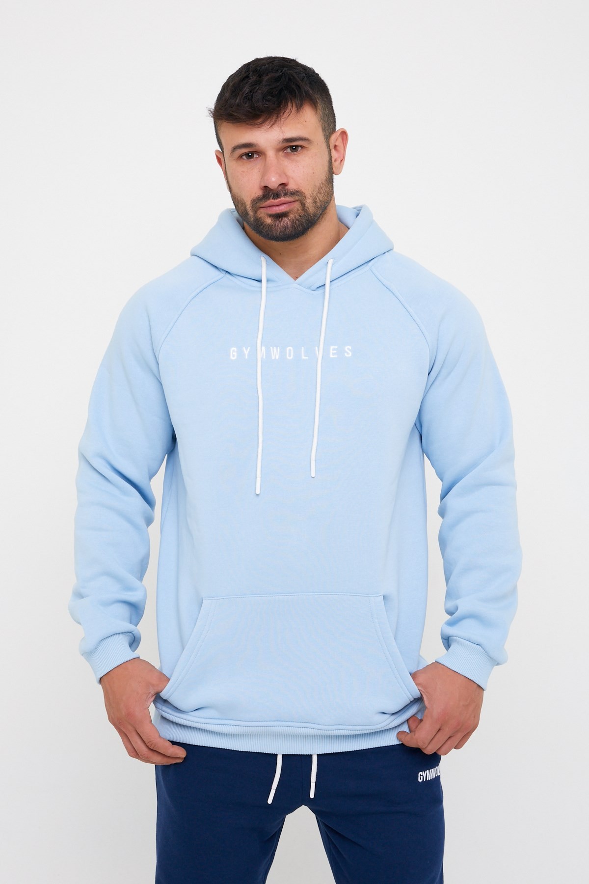 Gymwolves Erkek Kapüşonlu Sweatshirt | Light Blue | Hoodies |