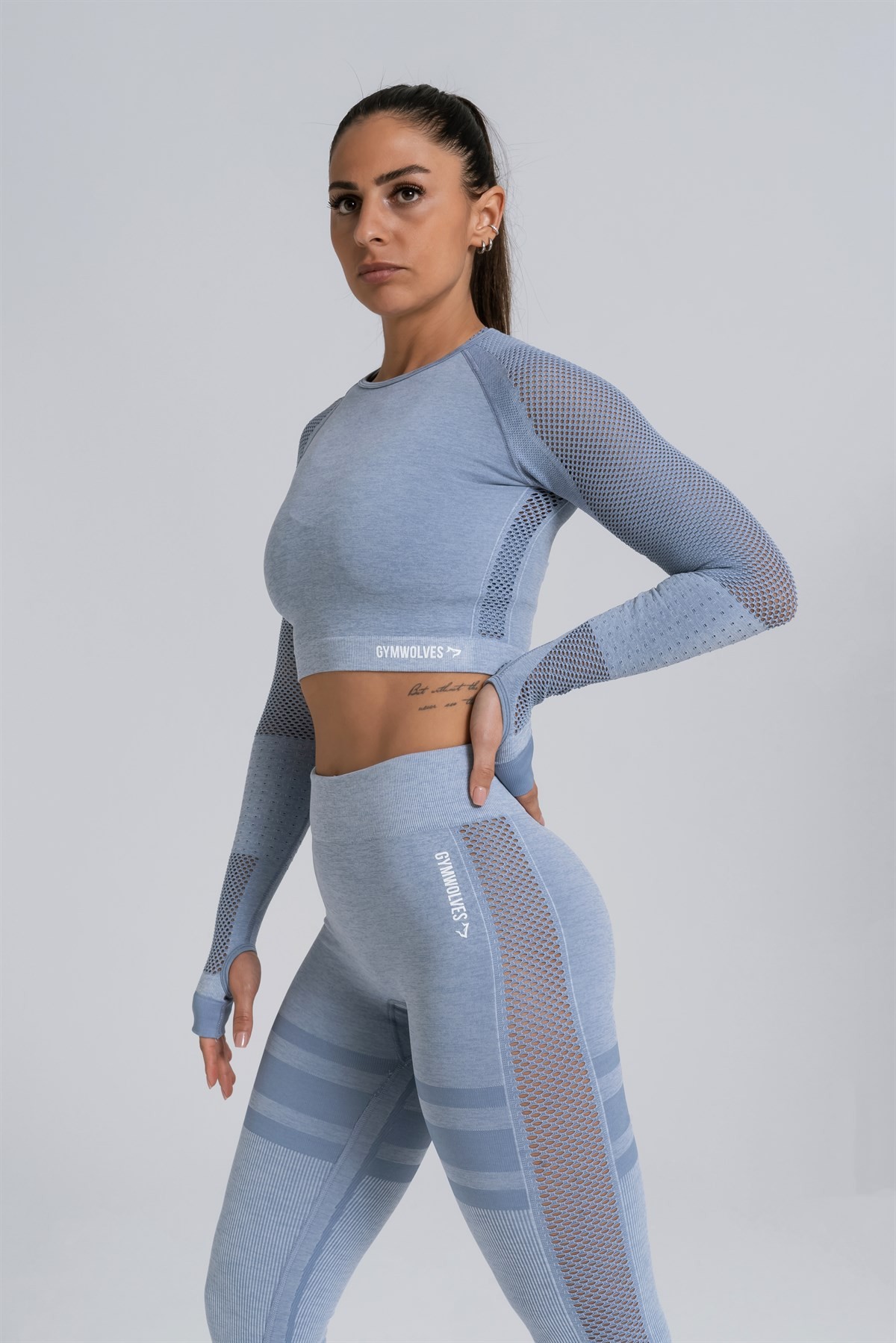 Gymwolves Kadın Uzun Kollu Dikişsiz Spor Tişört | Crop Tops | Açık Gri | Queen Serisi |