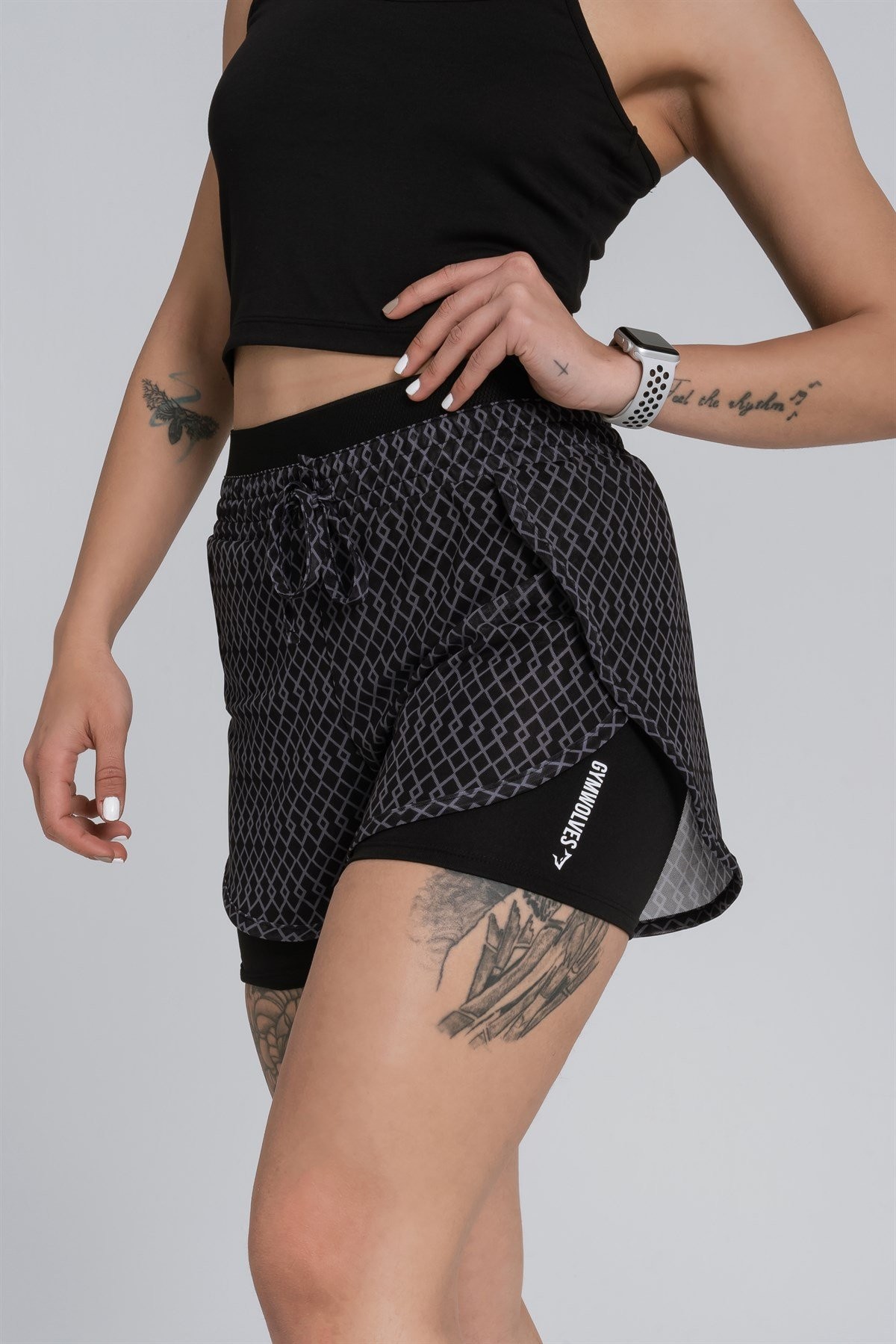Gymwolves Kadın Spor Şort | İki Konbinasyon Bir Arada | Taytlı Spor Şort | Siyah | Comfortable Serisi |