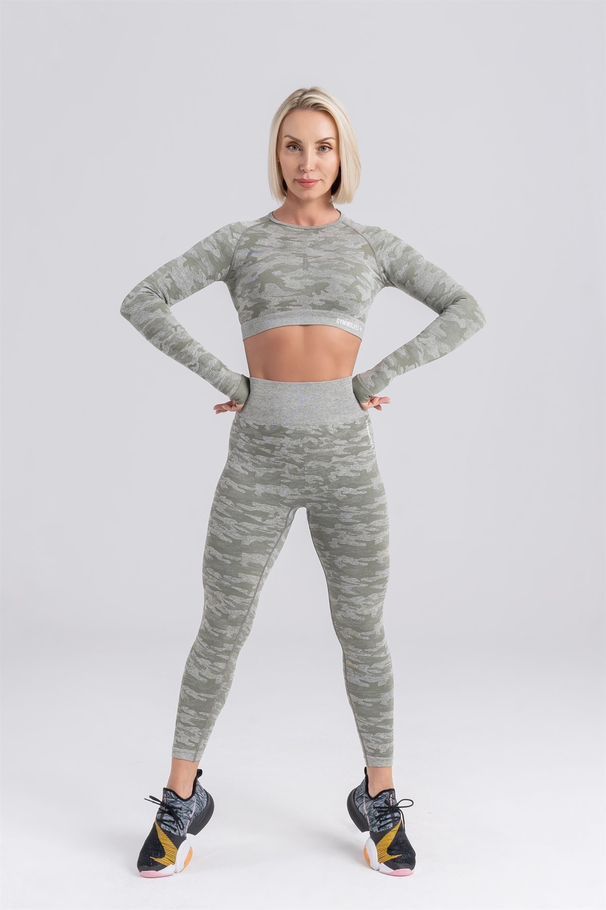 Gymwolves Kadın Uzun Kollu Dikişsiz Spor Tişört | Crop Tops | Haki | Action Serisi Serisi |