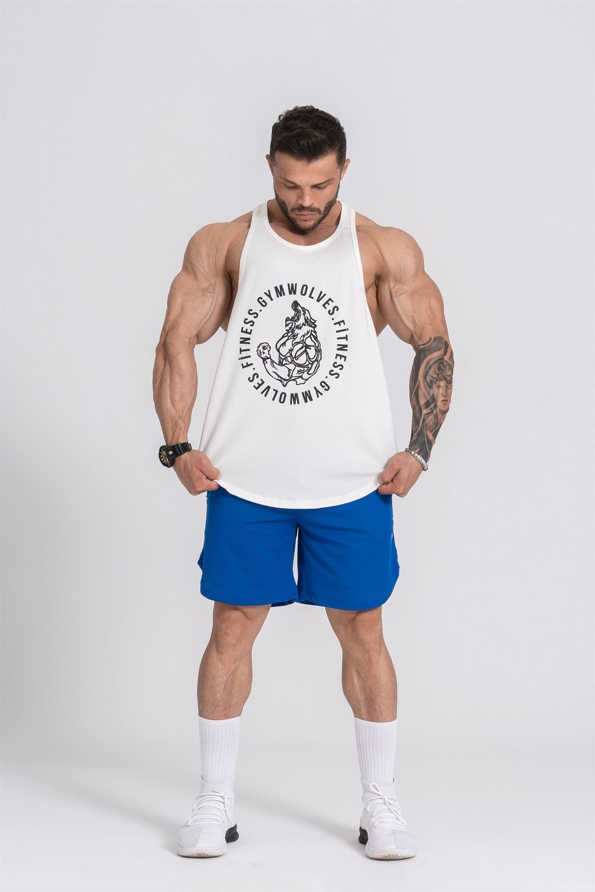 Gymwolves Erkek Spor Atleti | Stringer | Workout Tanktop | Krem | Wolf Serisi