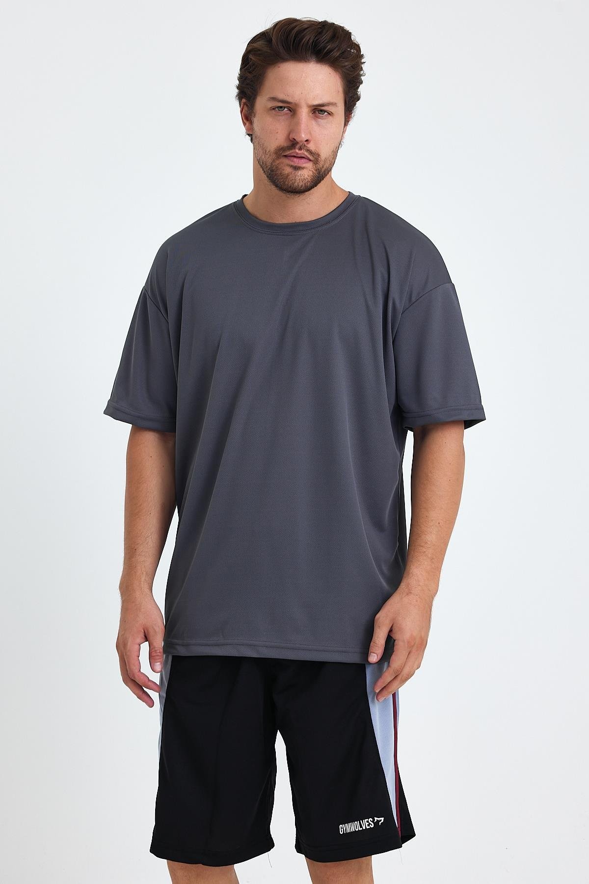 Gymwolves Erkek Over Size Spor T-Shirt | Sırta Kurt  Baskılı | Workout T-Shirt | Tişört | Füme |