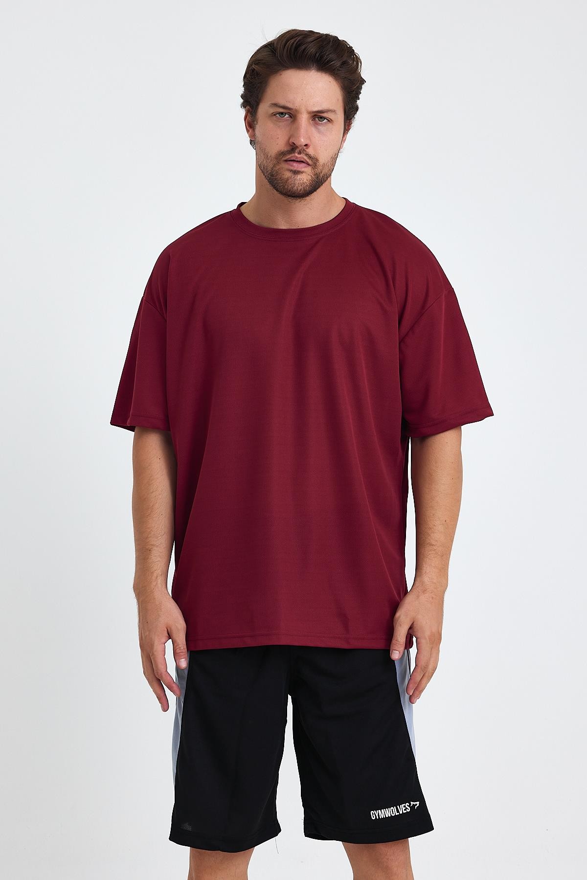 Gymwolves Erkek Over Size Spor T-Shirt | Sırta Kurt  Baskılı | Workout T-Shirt | Tişört | Bordo |