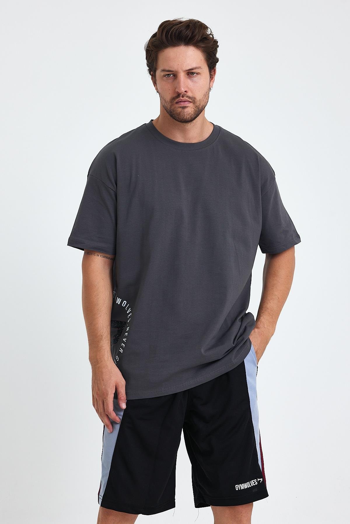 Gymwolves Erkek Over Size Spor T-Shirt | Kurt  Baskılı | Workout T-Shirt | Tişört | Füme |