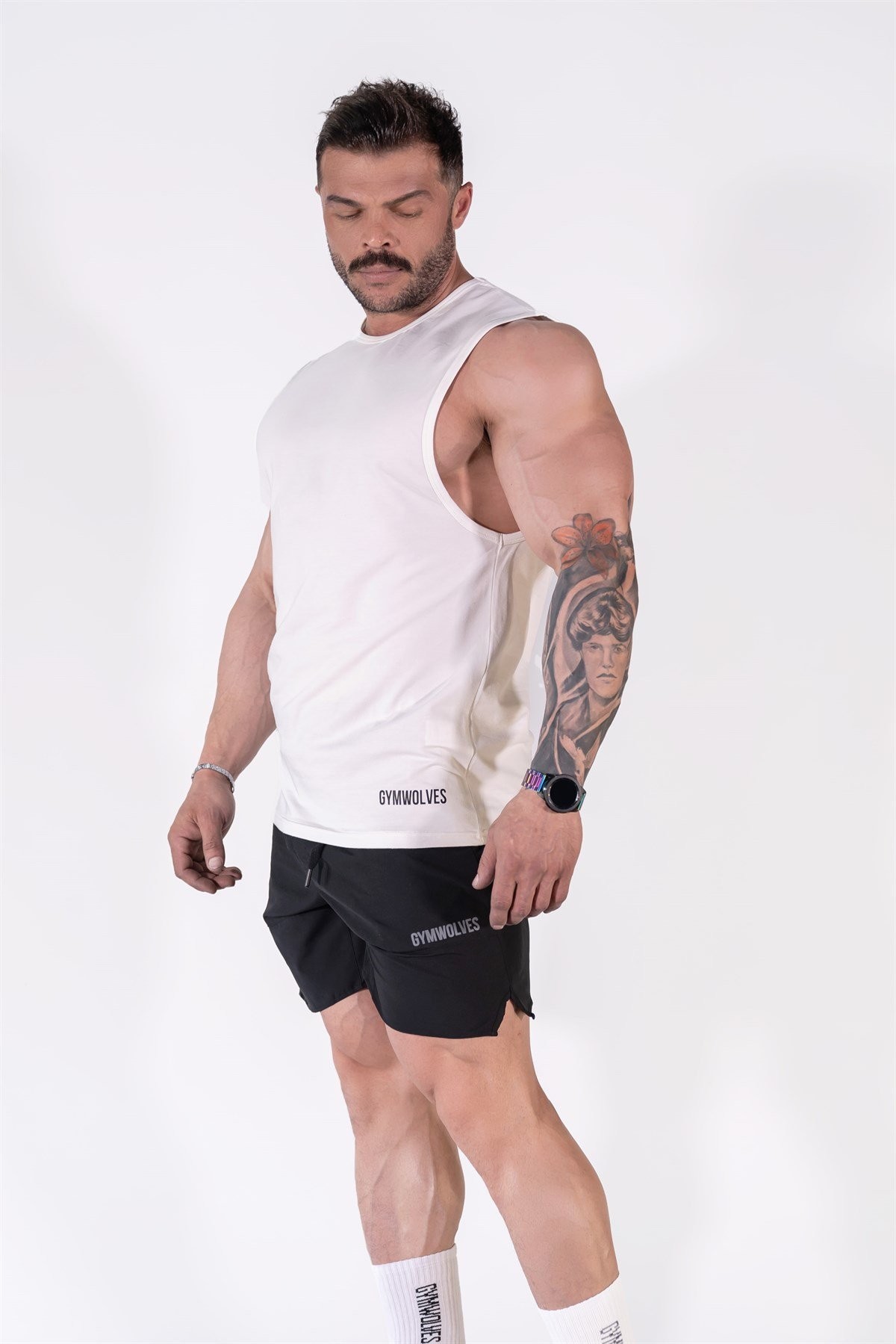 Gymwolves Erkek Kolsuz T-Shirt | Erkek Spor T-shirt | Beyaz | Workout Tanktop | Never Give Up |