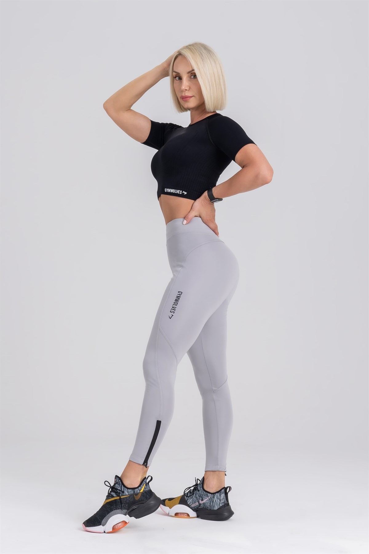 Gymwolves Spor Tayt | Push Up Woman Sports Leggings | Light Gri | Running Series |