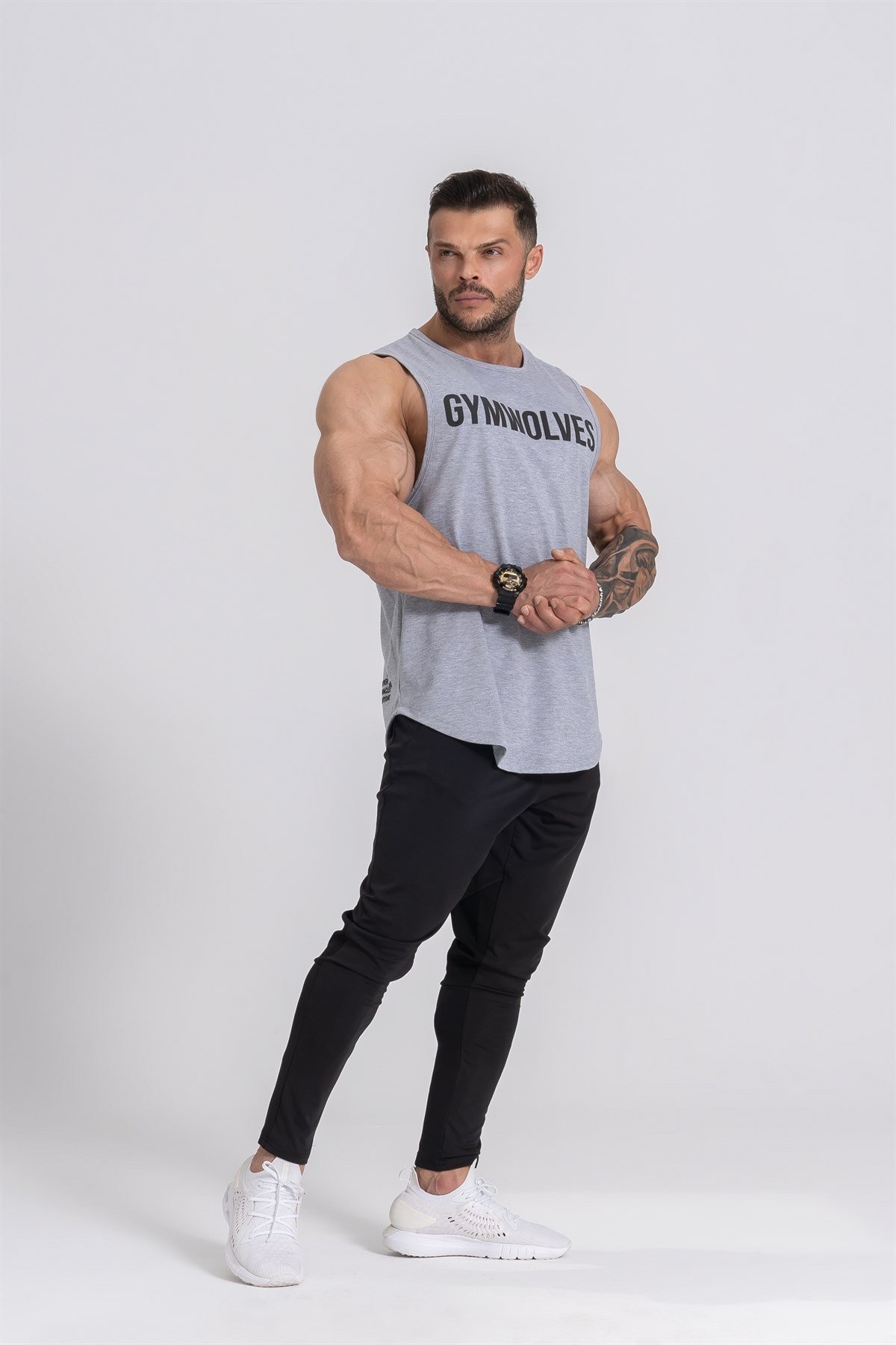 Gymwolves Erkek Kolsuz T-Shirt | Erkek Spor T-shirt | Gri | Workout Tanktop |