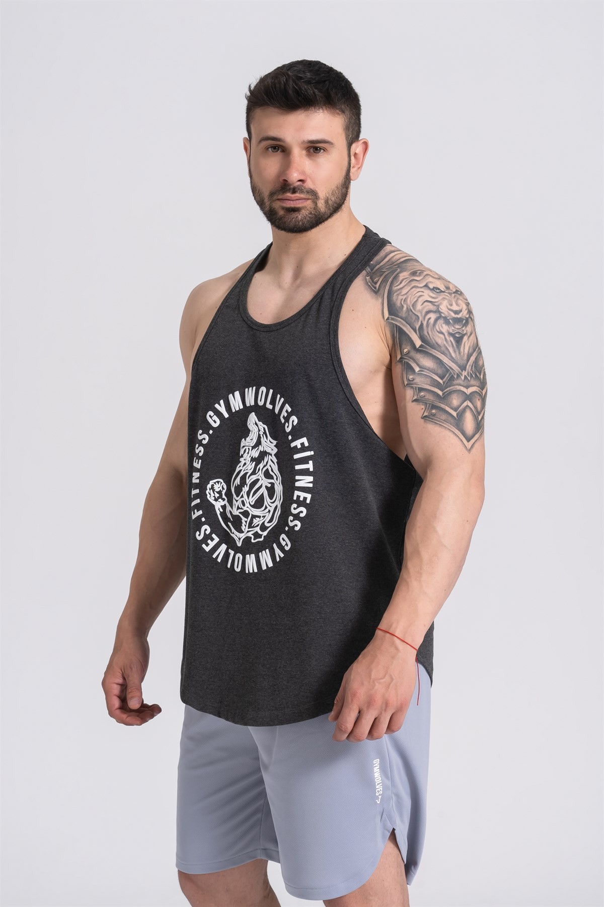Gymwolves Erkek Spor Atleti | Stringer | Workout Tanktop | Siyah Melanj | Wolf Serisi