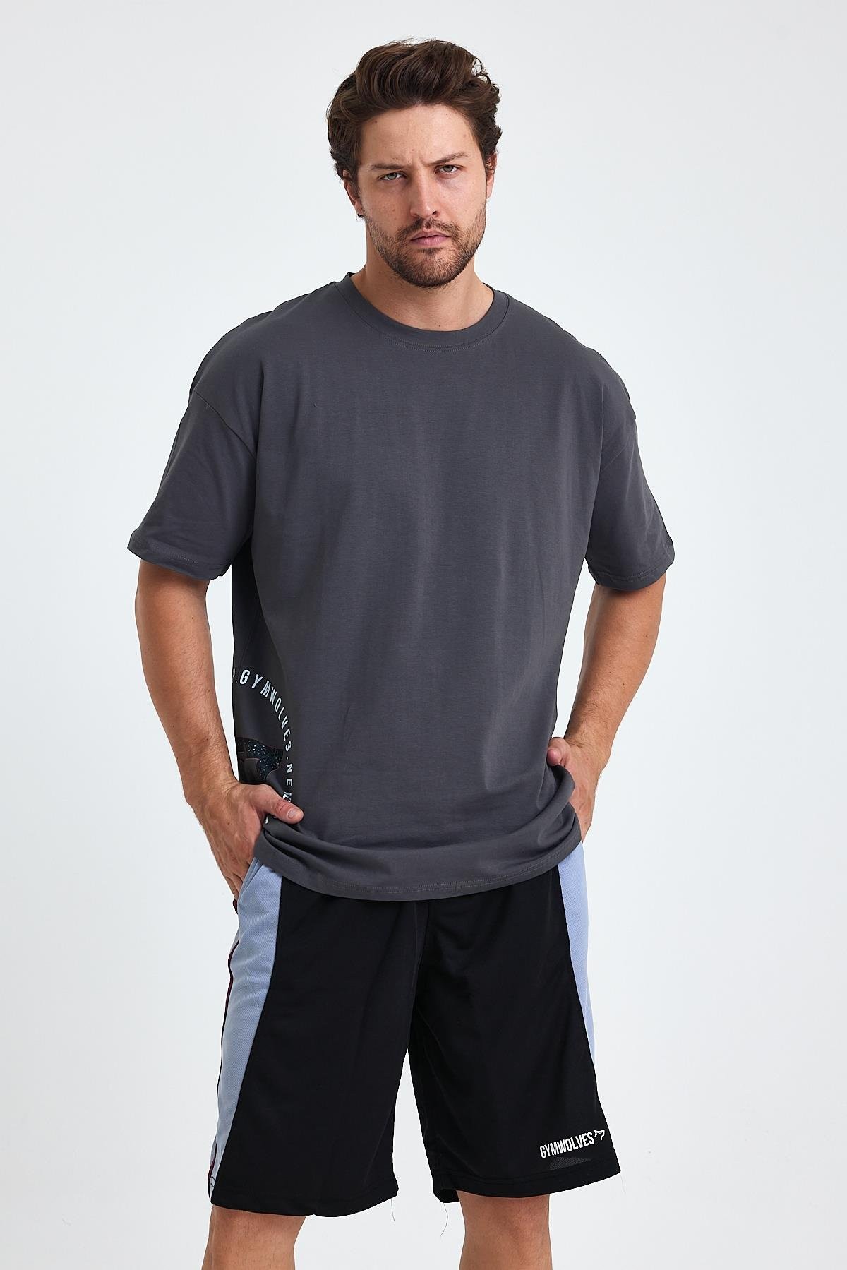 Gymwolves Erkek Over Size Spor T-Shirt | Kurt  Baskılı | Workout T-Shirt | Tişört | Füme |