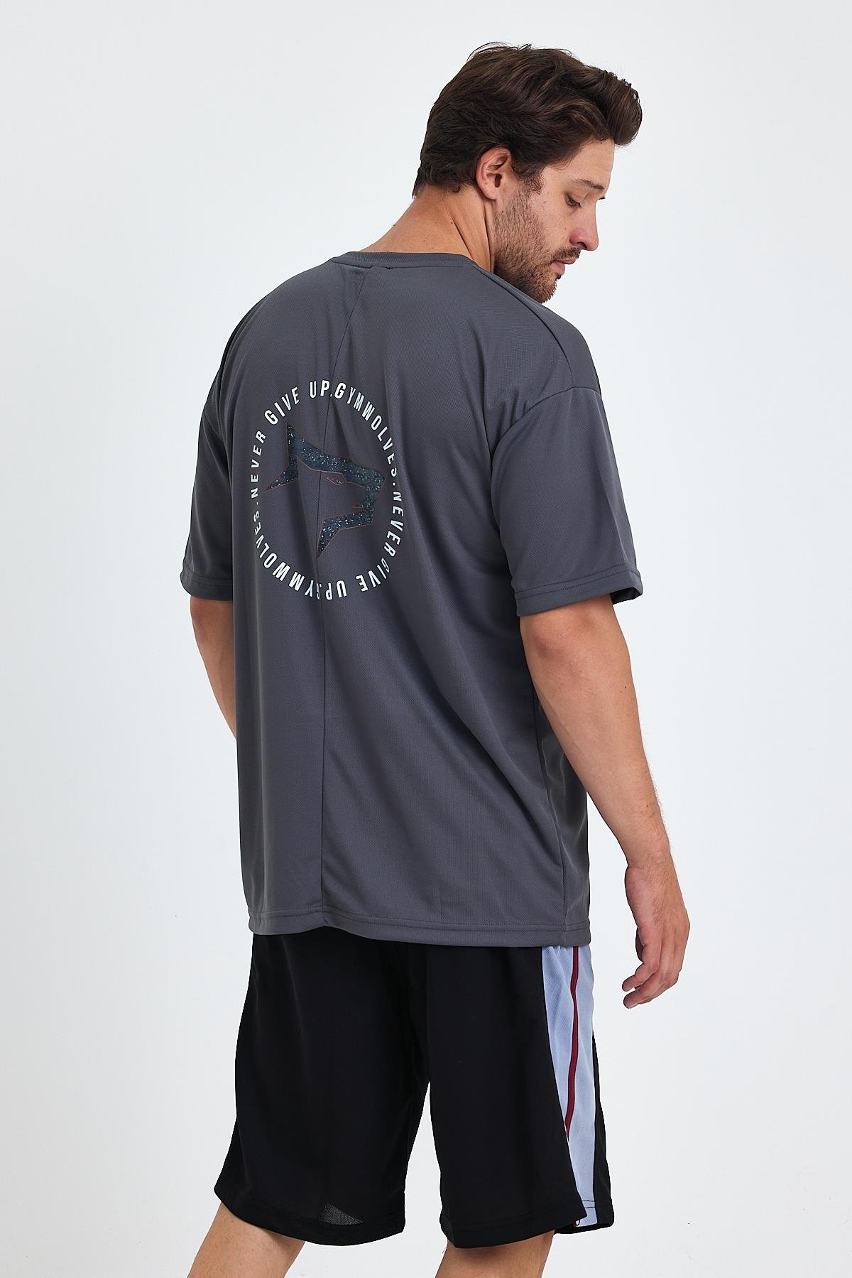 Gymwolves Erkek Over Size Spor T-Shirt | Sırta Kurt  Baskılı | Workout T-Shirt | Tişört | Füme |