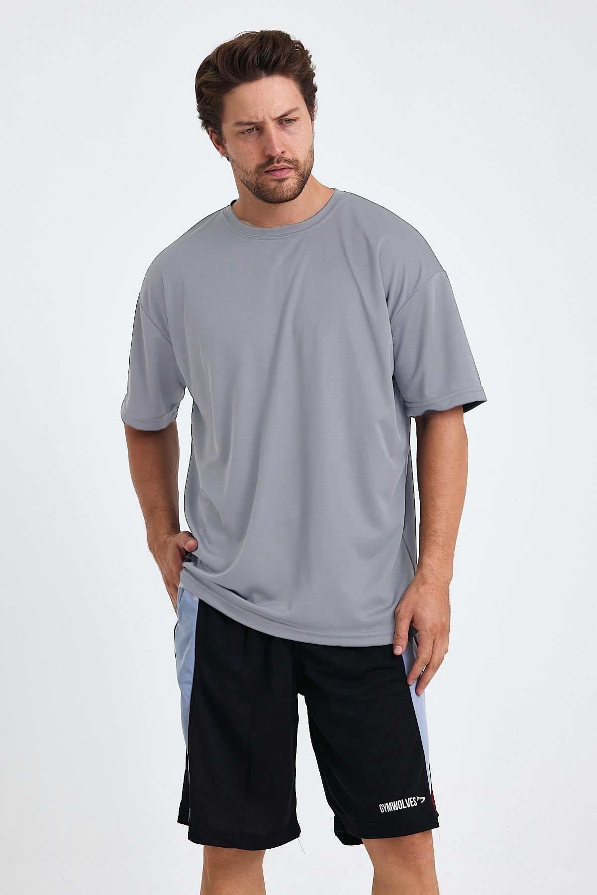 Gymwolves Erkek Over Size Spor T-Shirt | Sırta Kurt  Baskılı | Workout T-Shirt | Tişört | Light Grey |