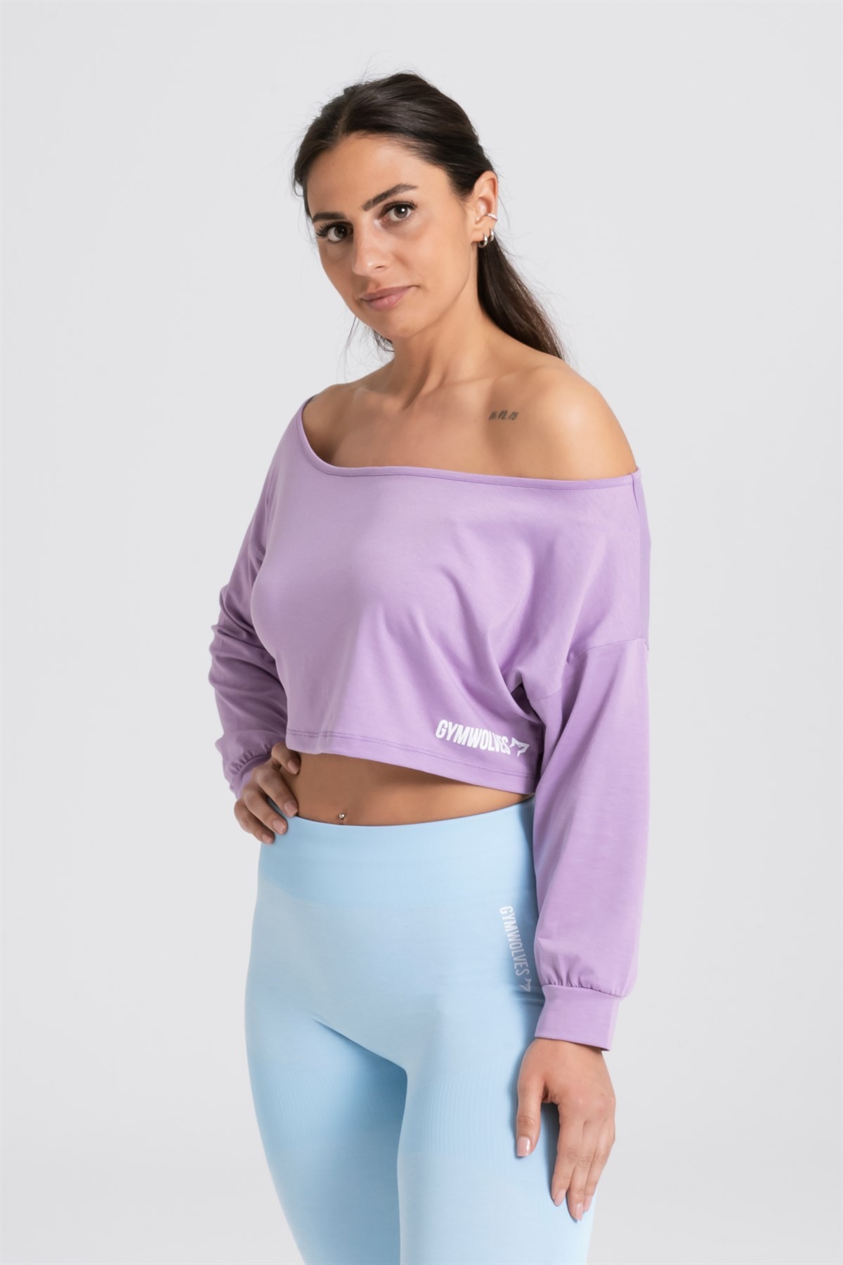 Gymwolves Kayık Yaka Uzun Kollu Crop T-Shirt | Mor | Cotton Serisi |