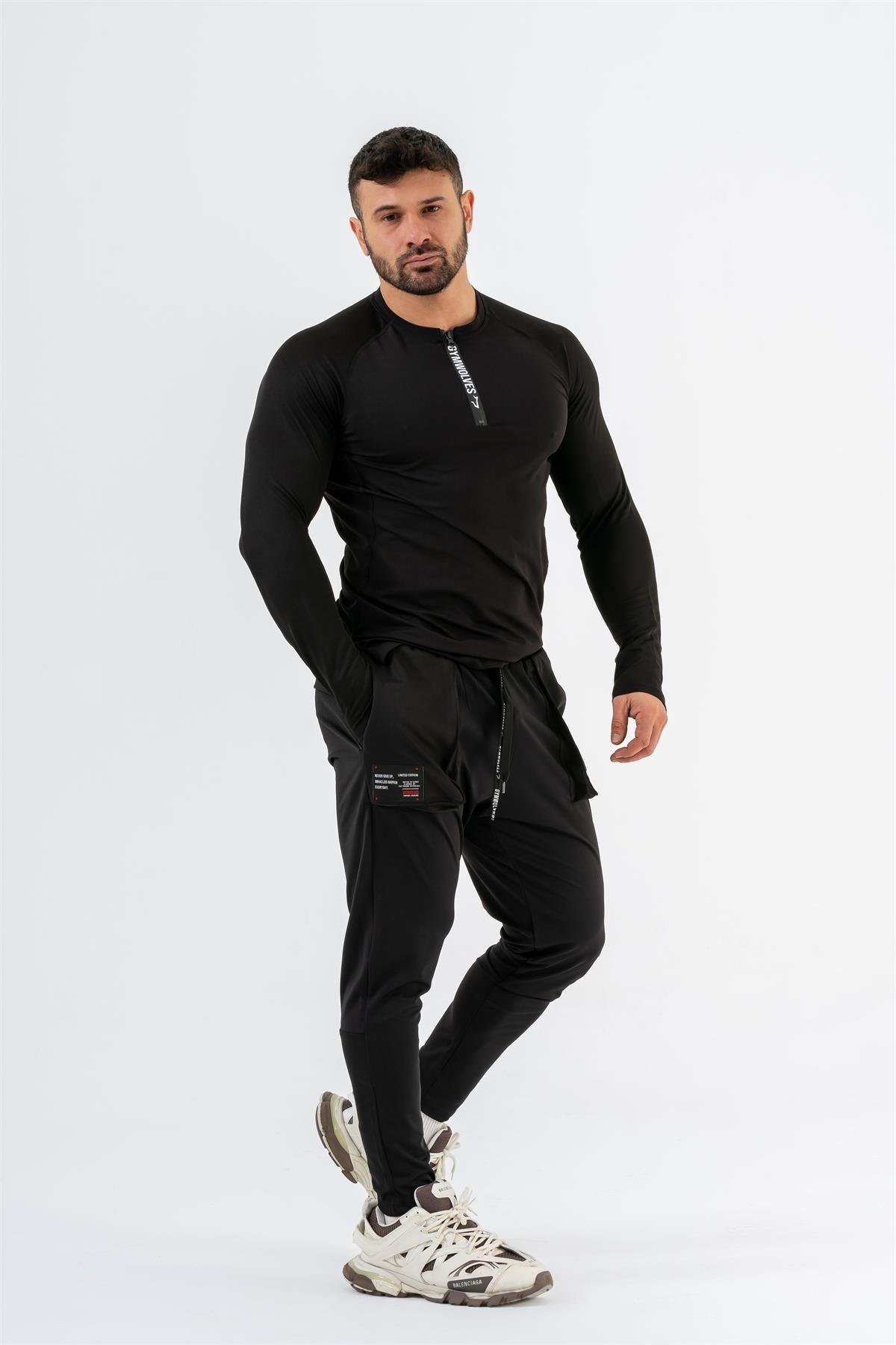 Gymwolves Erkek Spor Body | Siyah | Uzun Kollu Spor T-Shirt  | AirPro Serisi |