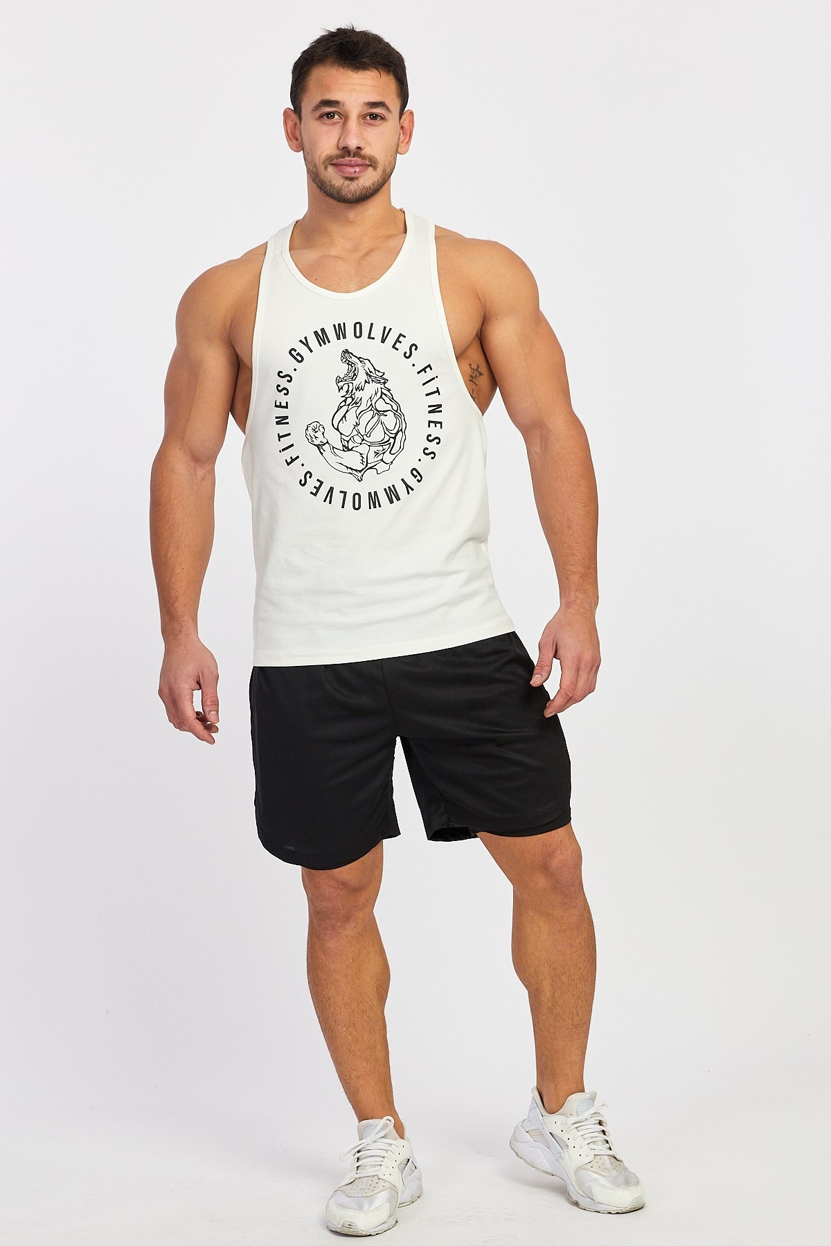 Gymwolves Erkek Spor Atleti | Stringer | Workout Tanktop | Krem | Wolf Serisi