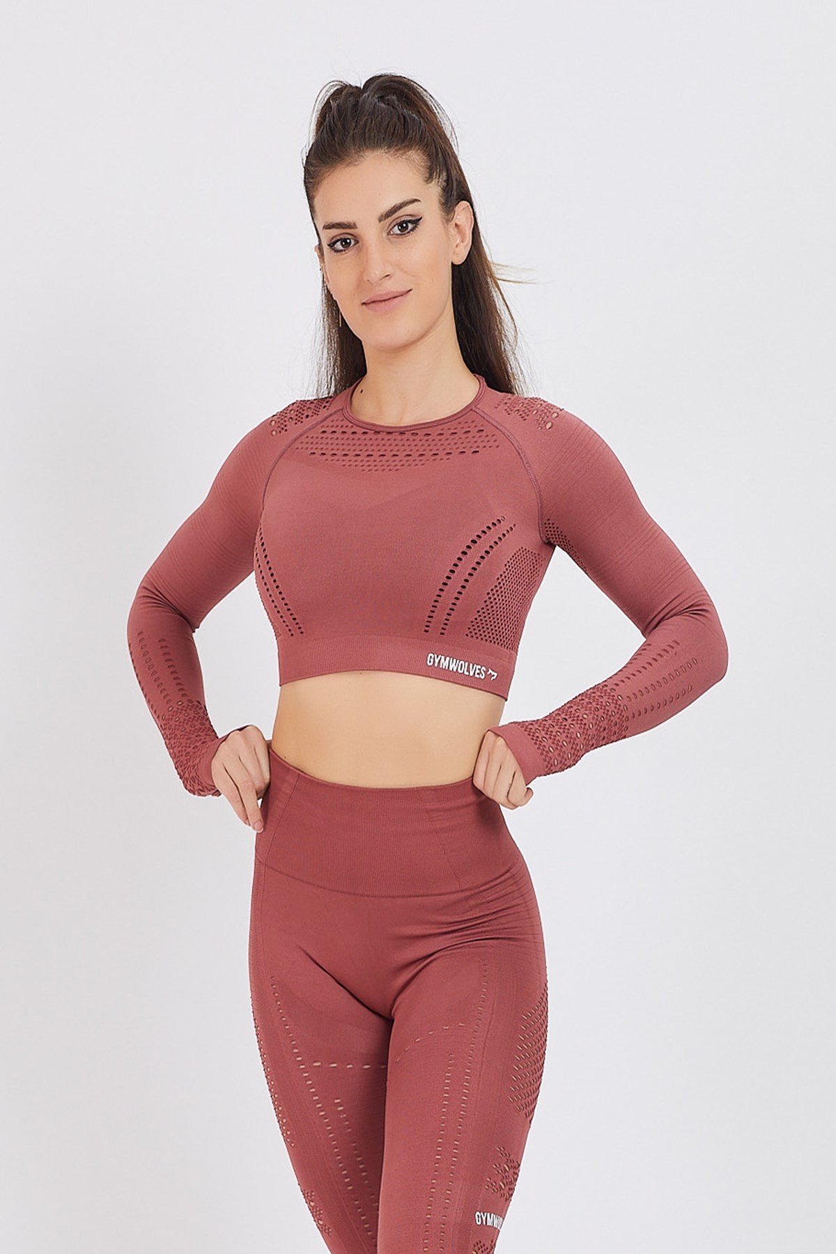 Gymwolves Kadın Uzun Kollu Dikişsiz Spor T-Shirt | Crop Tops | Koyu Kırmızı | Aktive Power Serisi |