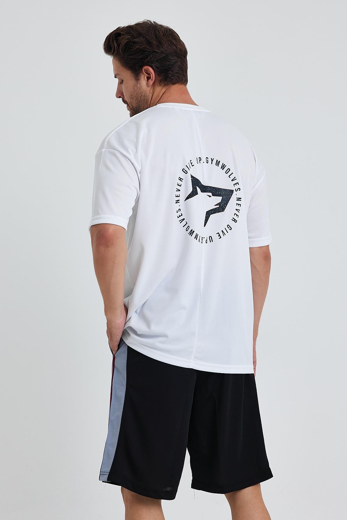 Gymwolves Erkek Over Size Spor T-Shirt | Sırta Kurt  Baskılı | Workout T-Shirt | Tişört | Beyaz |