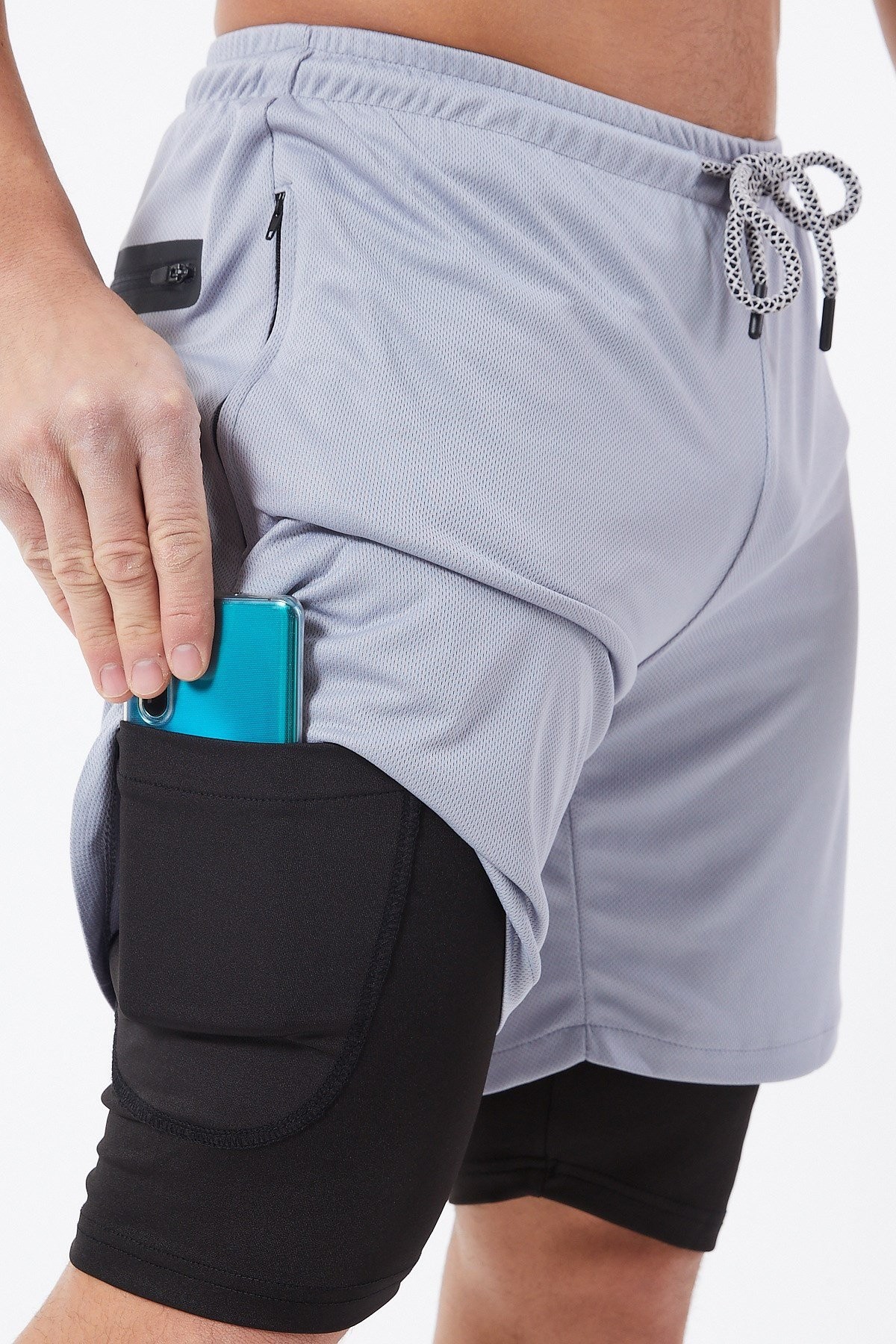 Gymwolves Erkek Spor Şort Çift Katmanlı | Uzun İç Tayt | Açık Gri | Comfortable Serisi |