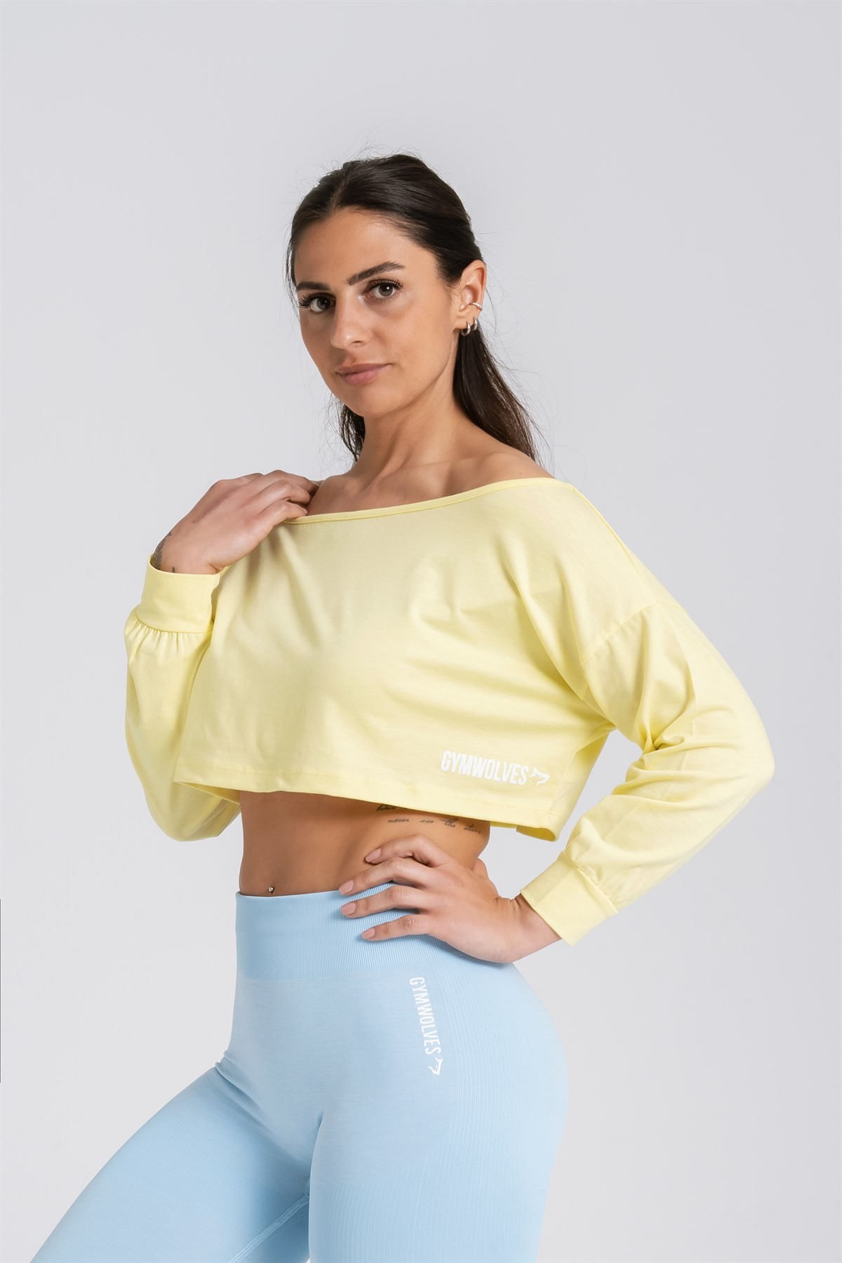 Gymwolves Kayık Yaka Uzun Kollu Crop T-Shirt | Sarı | Cotton Serisi |