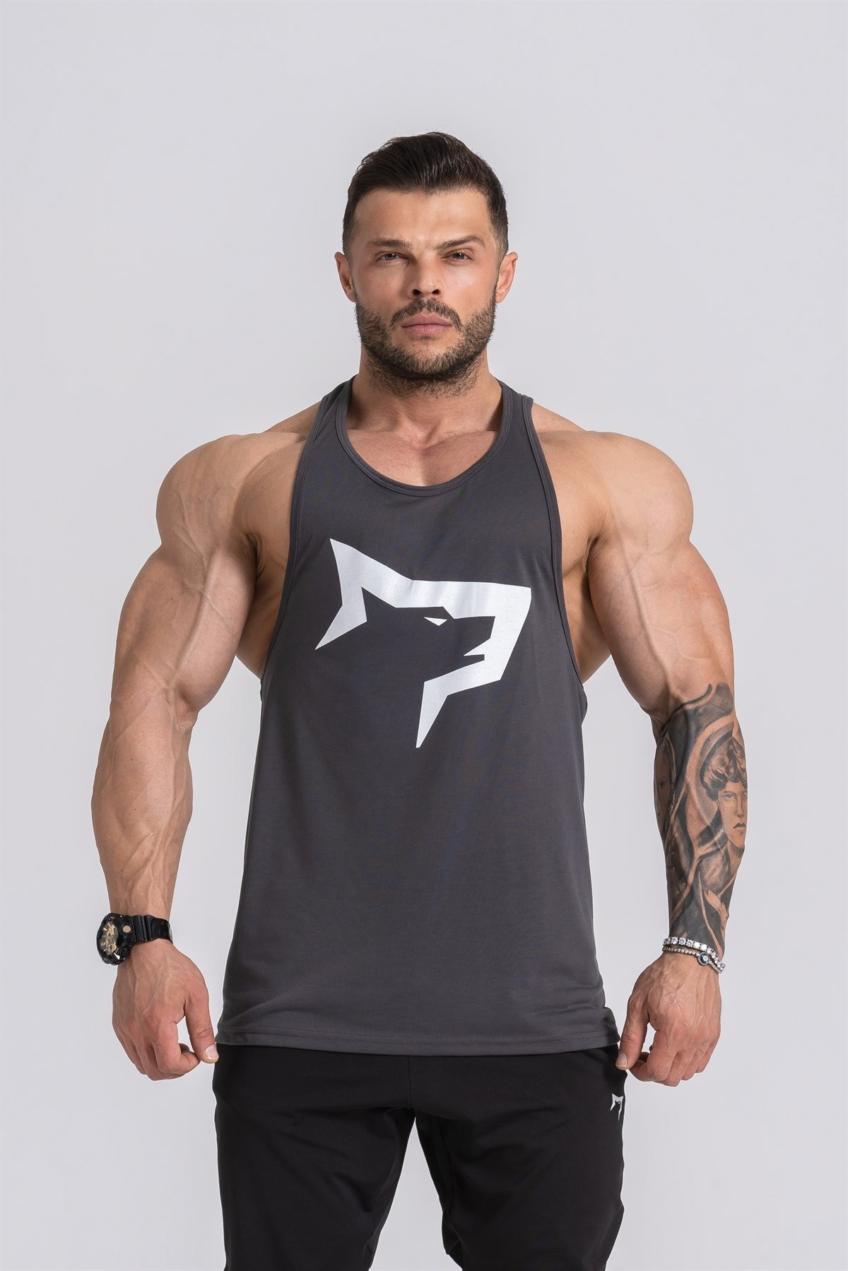 Gymwolves Erkek Spor Atleti | Stringer | Workout Tanktop | Füme | Wolf Serisi