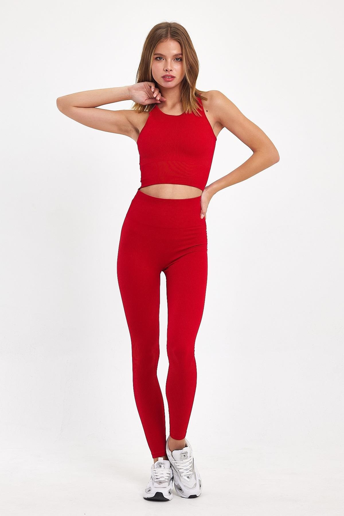 Gymwolves Dikişsiz Spor Tayt | Kırmızı | Seamles Leggings | Kalın Fitilli |