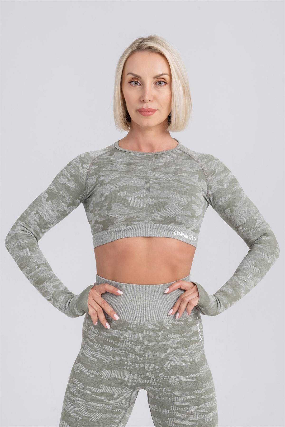 Gymwolves Kadın Uzun Kollu Dikişsiz Spor Tişört | Crop Tops | Haki | Action Serisi Serisi |