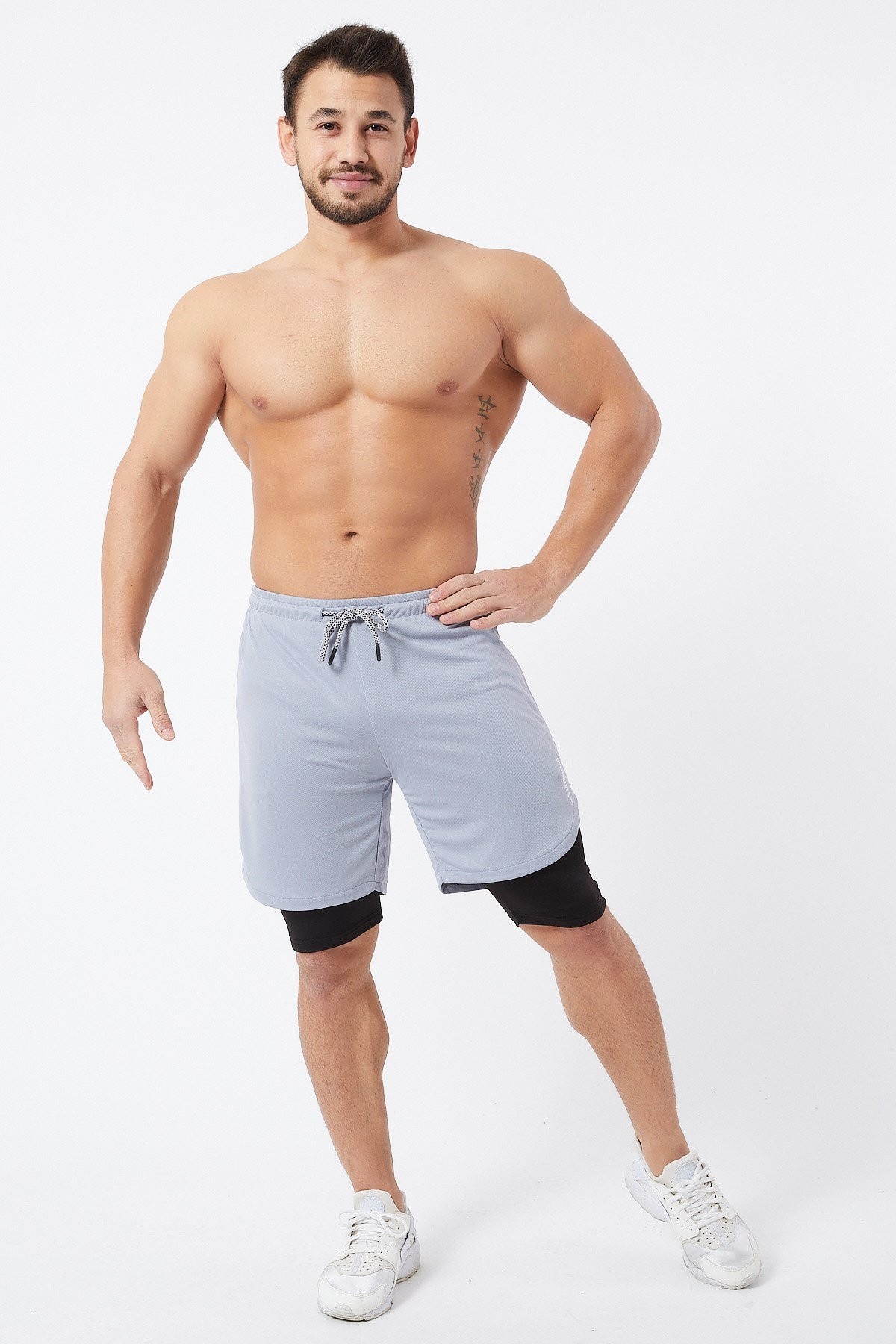 Gymwolves Erkek Spor Şort Çift Katmanlı | Uzun İç Tayt | Açık Gri | Comfortable Serisi |