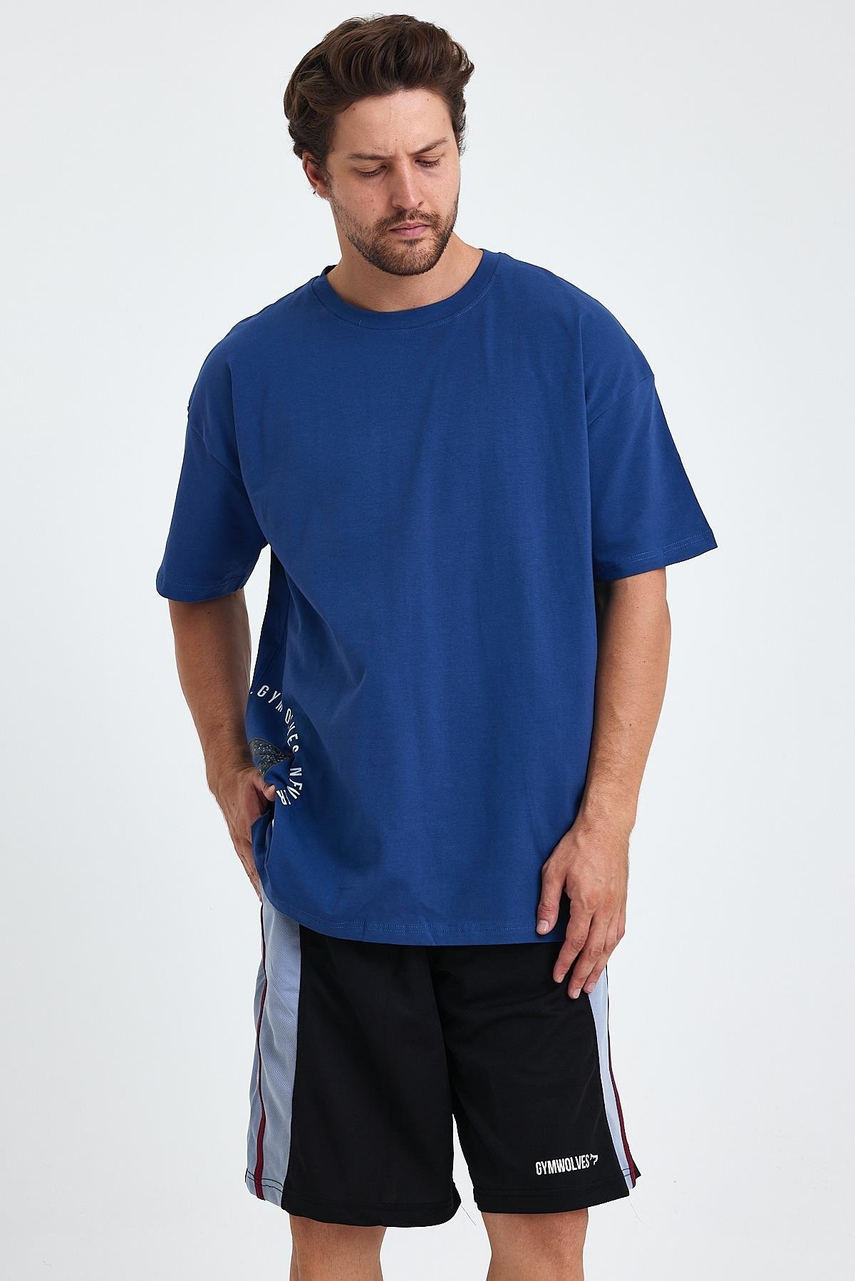 Gymwolves Erkek Over Size Spor T-Shirt | Kurt  Baskılı | Workout T-Shirt | Tişört  | İndigo |
