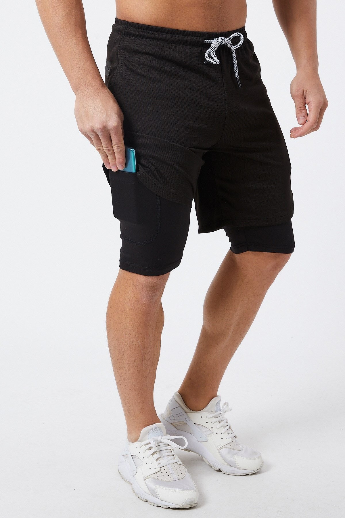 Gymwolves Erkek Spor Şort Çift Katmanlı | Uzun İç Tayt | Siyah | Comfortable Serisi |