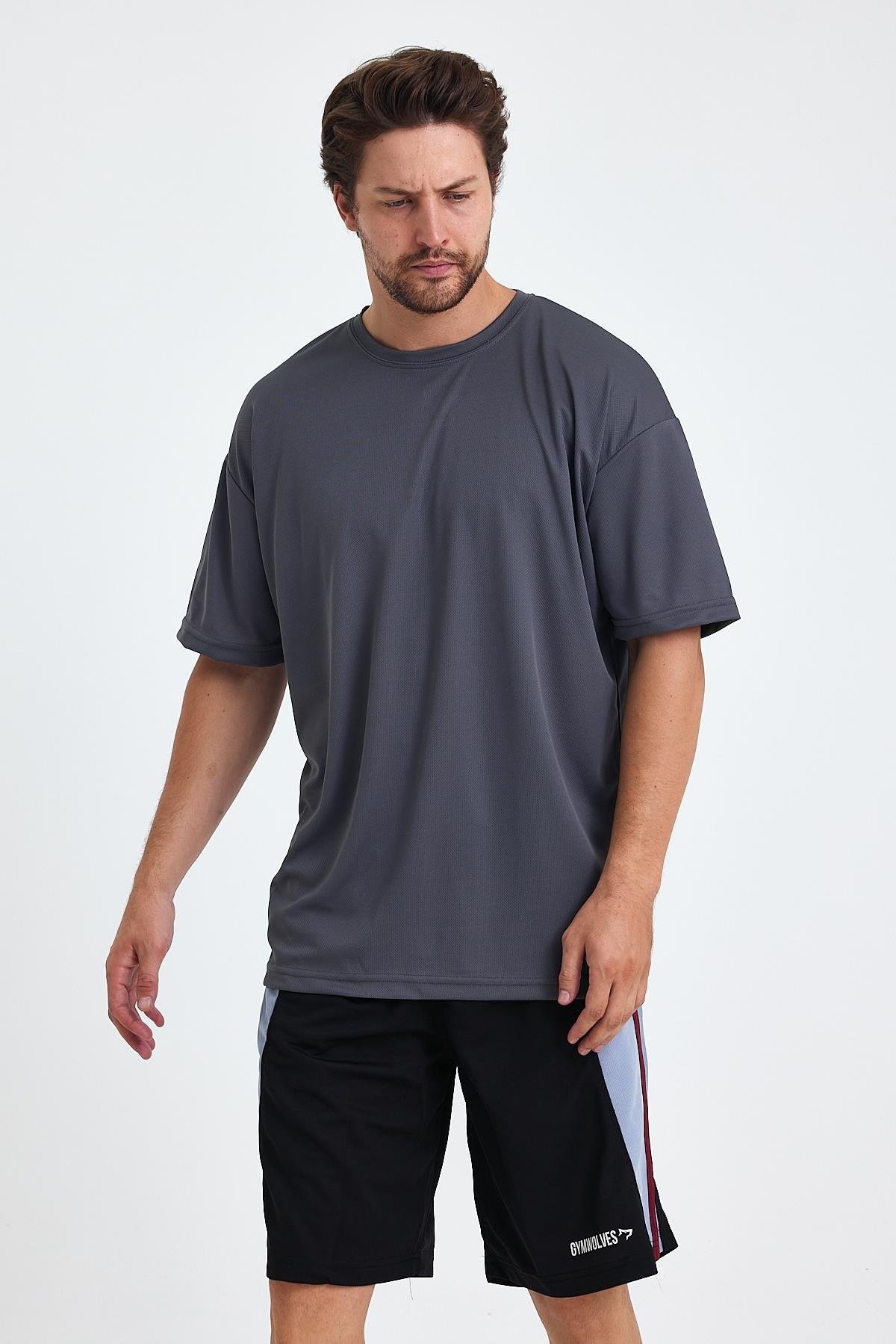 Gymwolves Erkek Over Size Spor T-Shirt | Sırta Kurt  Baskılı | Workout T-Shirt | Tişört | Füme |