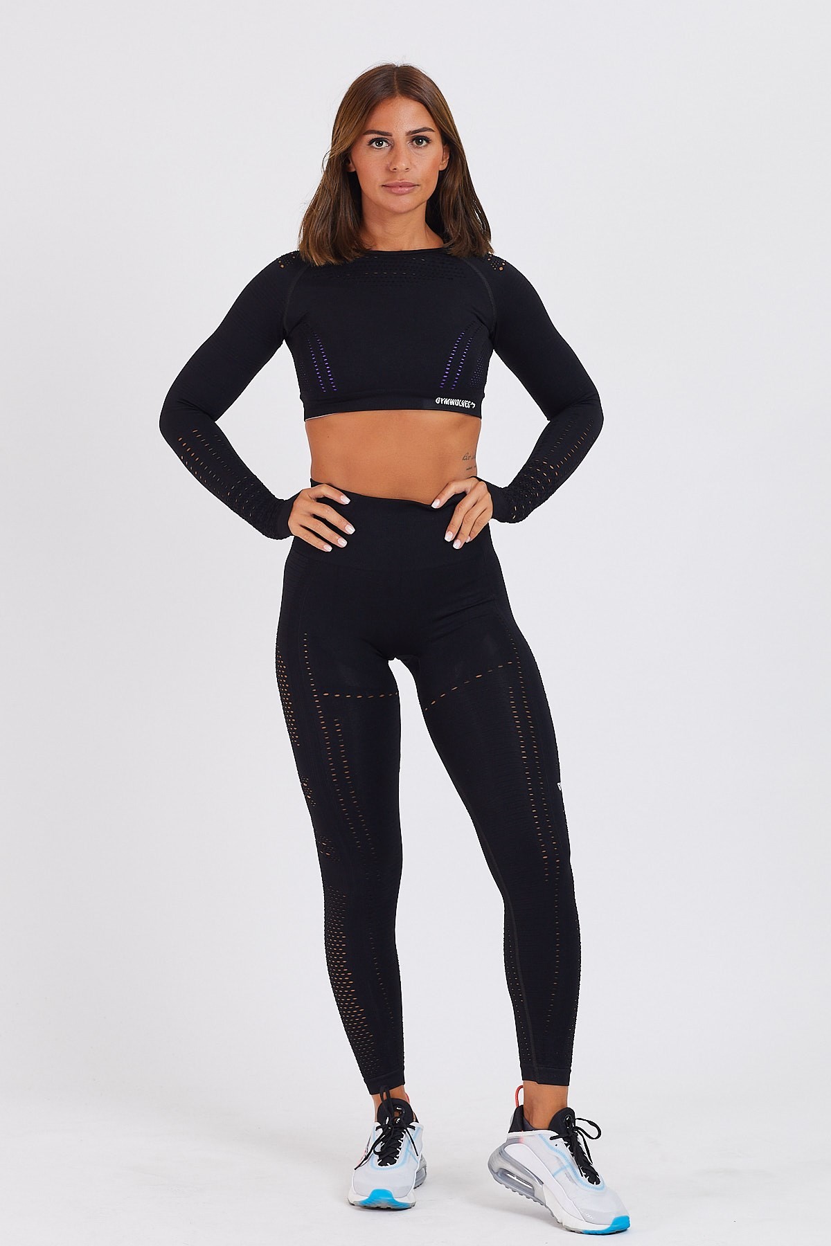 Gymwolves Kadın Uzun Kollu Dikişsiz Spor T-Shirt | Crop Tops | Siyah | Aktive Power Serisi |