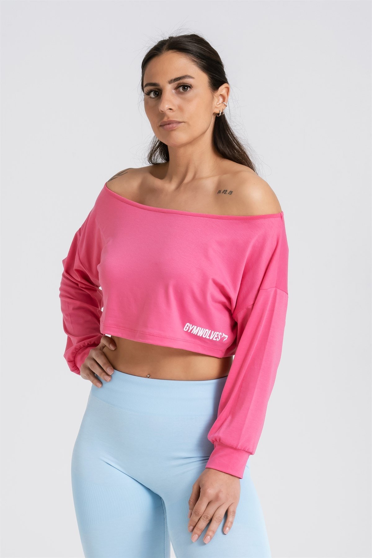 Gymwolves Kayık Yaka Uzun Kollu Crop T-Shirt | Fuşya | Cotton Serisi |