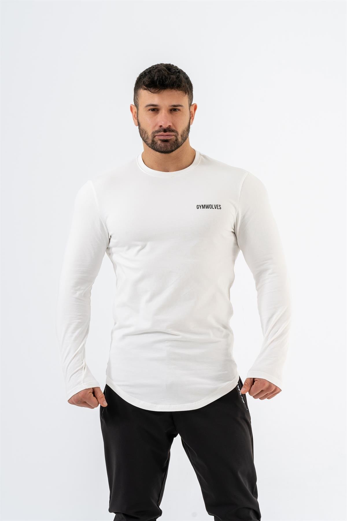 Gymwolves Erkek Spor Body | Beyaz | Uzun Kollu Spor T-Shirt | Basic Serisi |