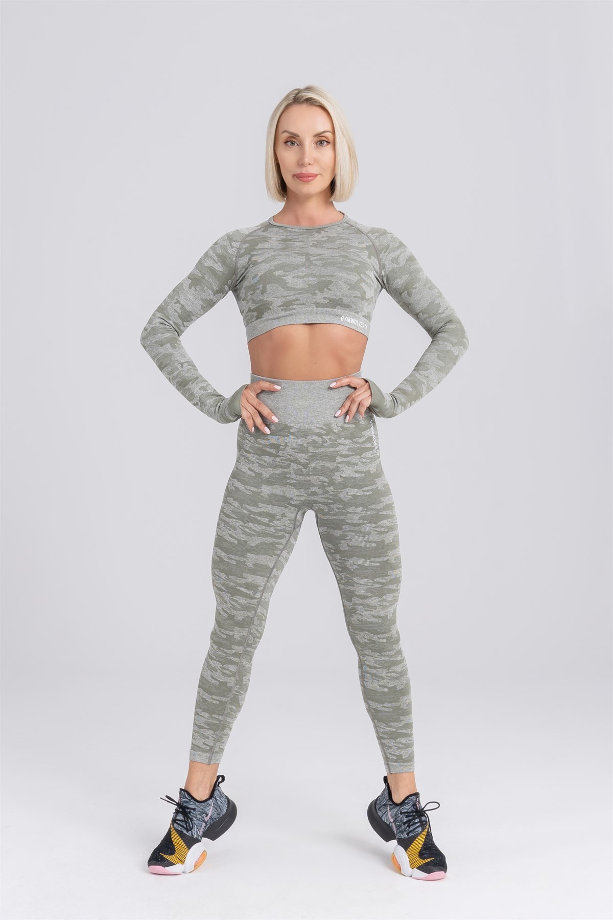 Gymwolves Kadın Uzun Kollu Dikişsiz Spor Tişört | Crop Tops | Haki | Action Serisi Serisi |