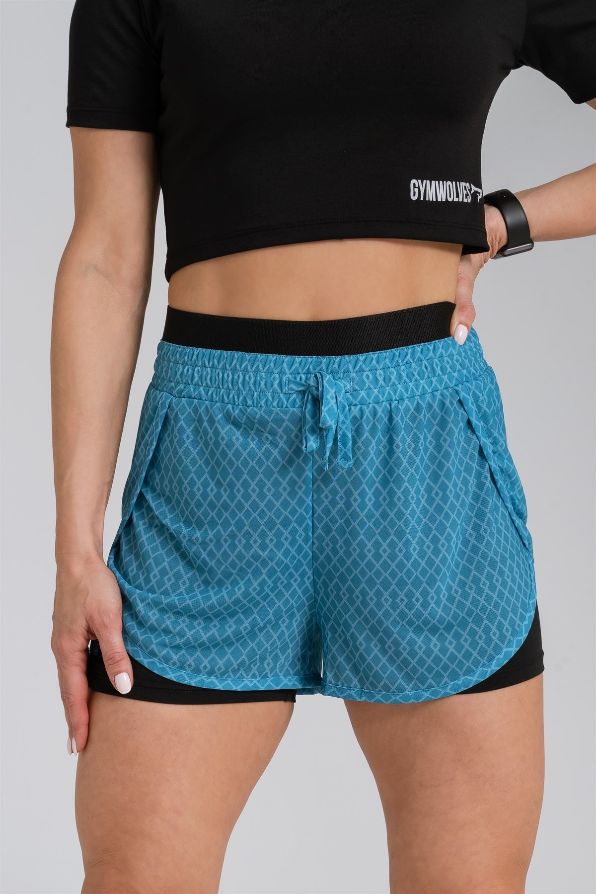 Gymwolves Kadın Spor Şort | İki Konbinasyon Bir Arada | Taytlı Spor Şort | Mavi | Comfortable Serisi |