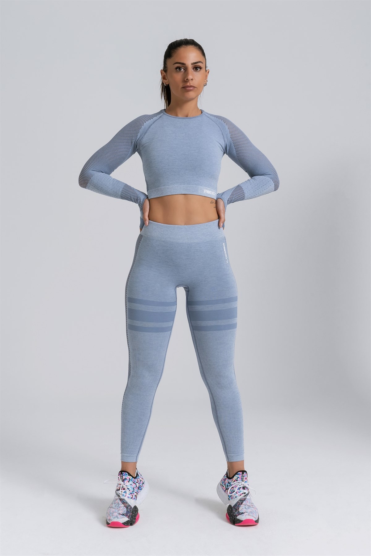 Gymwolves Kadın Uzun Kollu Dikişsiz Spor Tişört | Crop Tops | Açık Gri | Queen Serisi |
